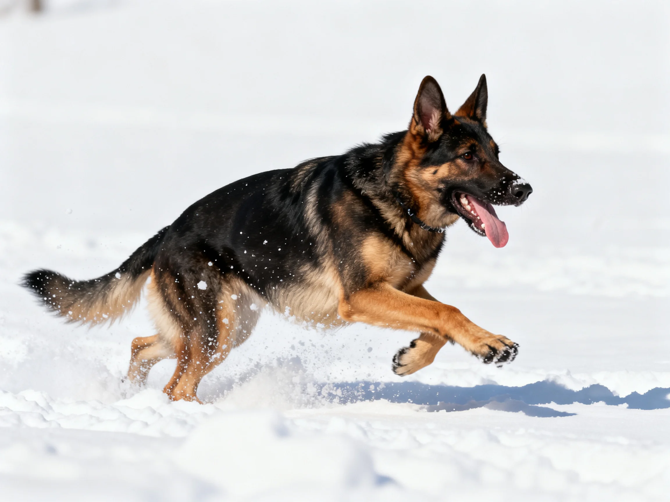 A German Shepherd dog energetically bounds through deep white snow