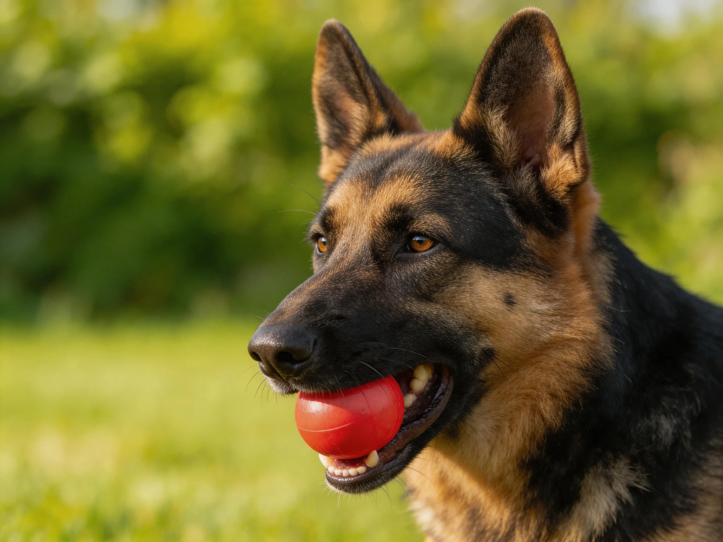 A German Shepherd dog holds a bright red ball in a sunny outdoor setting