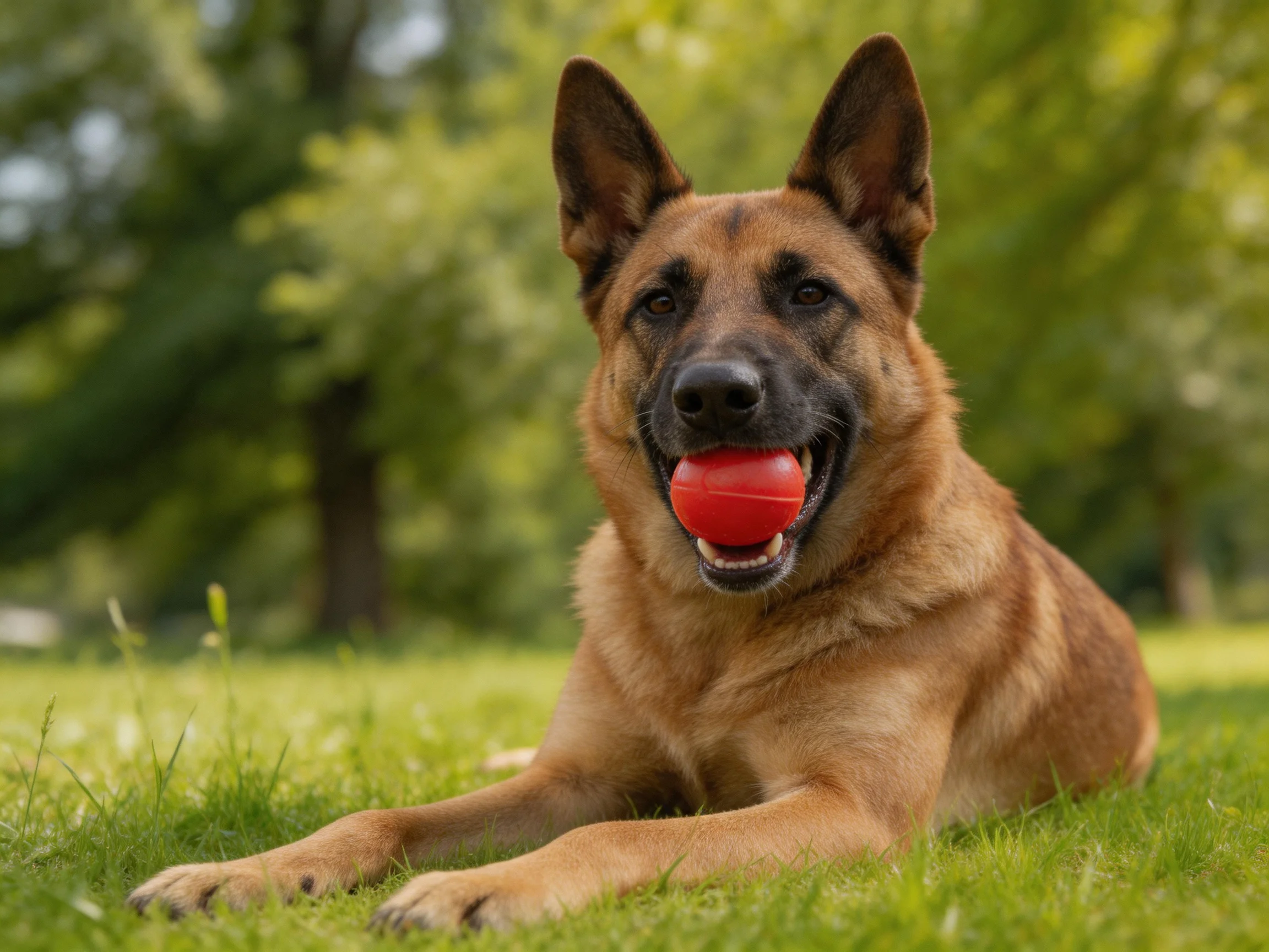 A German Shepherd dog rests on grass holding a red ball in a sunny outdoor setting.