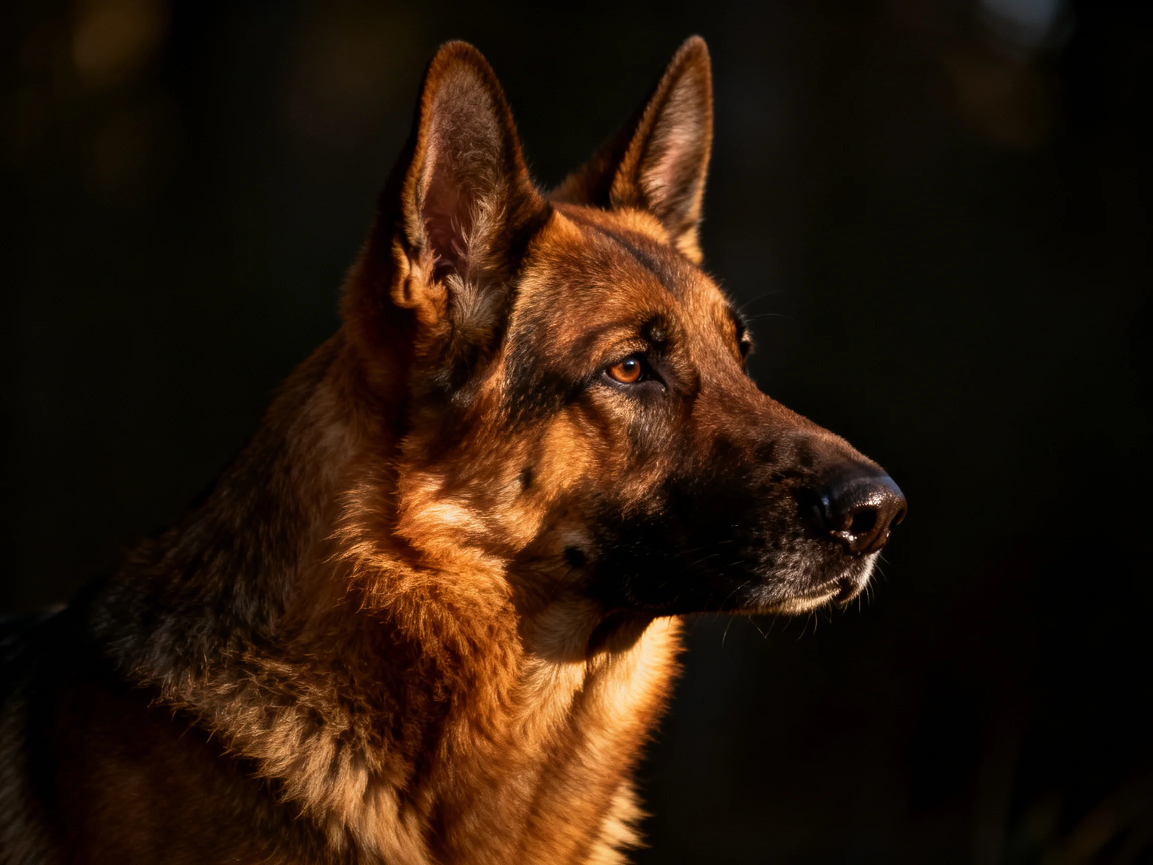 A German Shepherd dog illuminated by warm golden light against dark surroundings