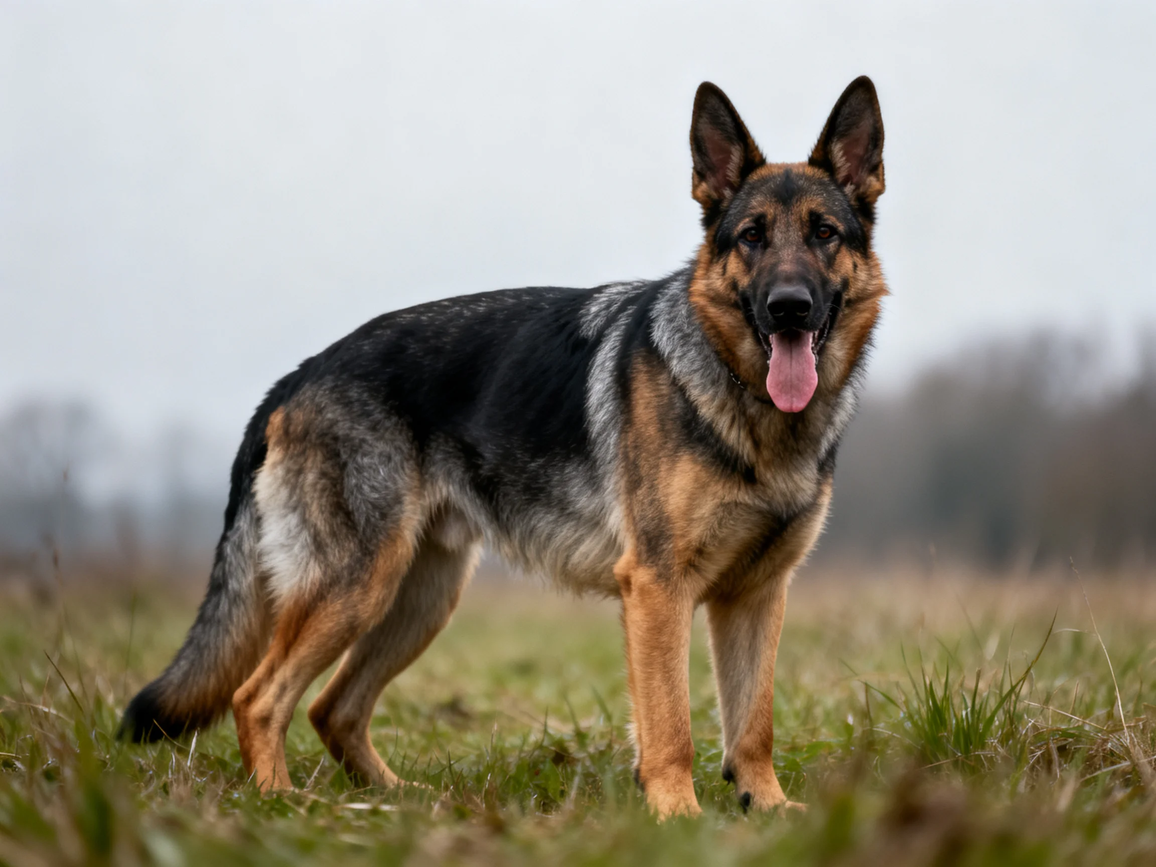 A German Shepherd dog in a grassy field with blurred natural backdrop