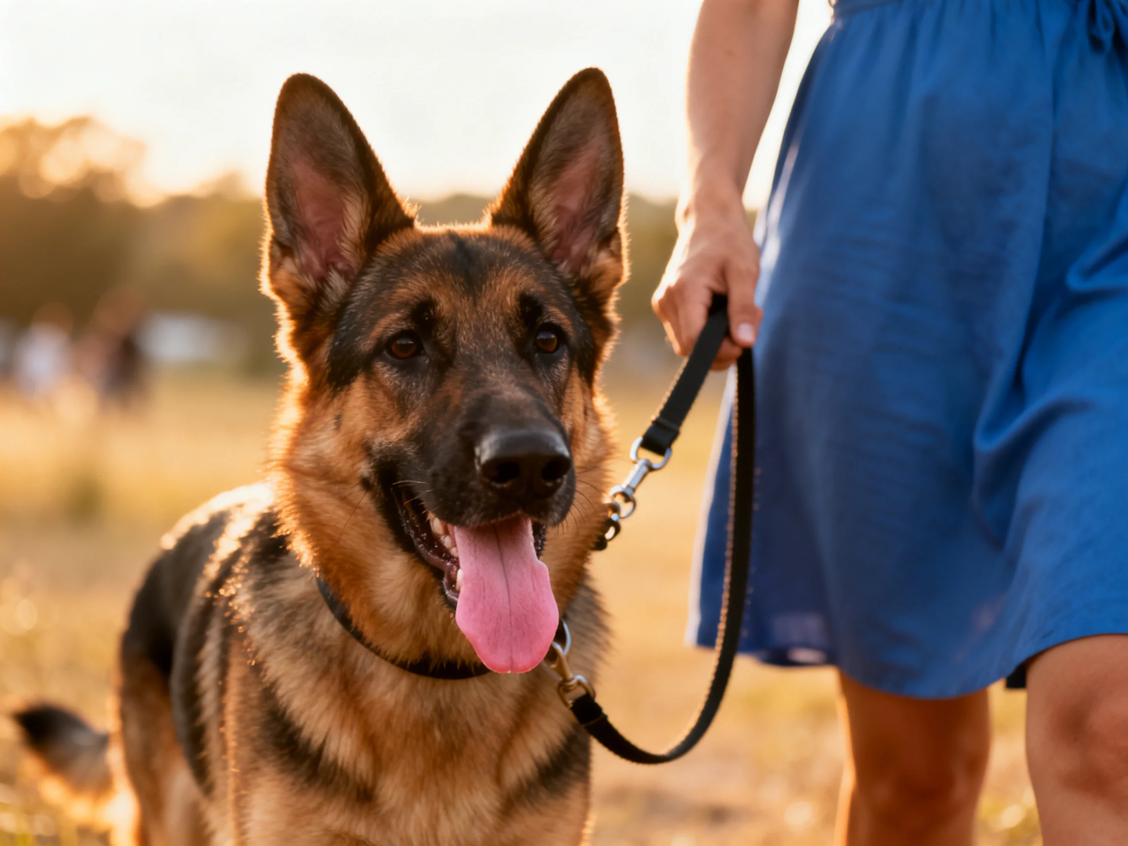 A German Shepherd dog on a leash beside a person in a blue dress in a sunlit field