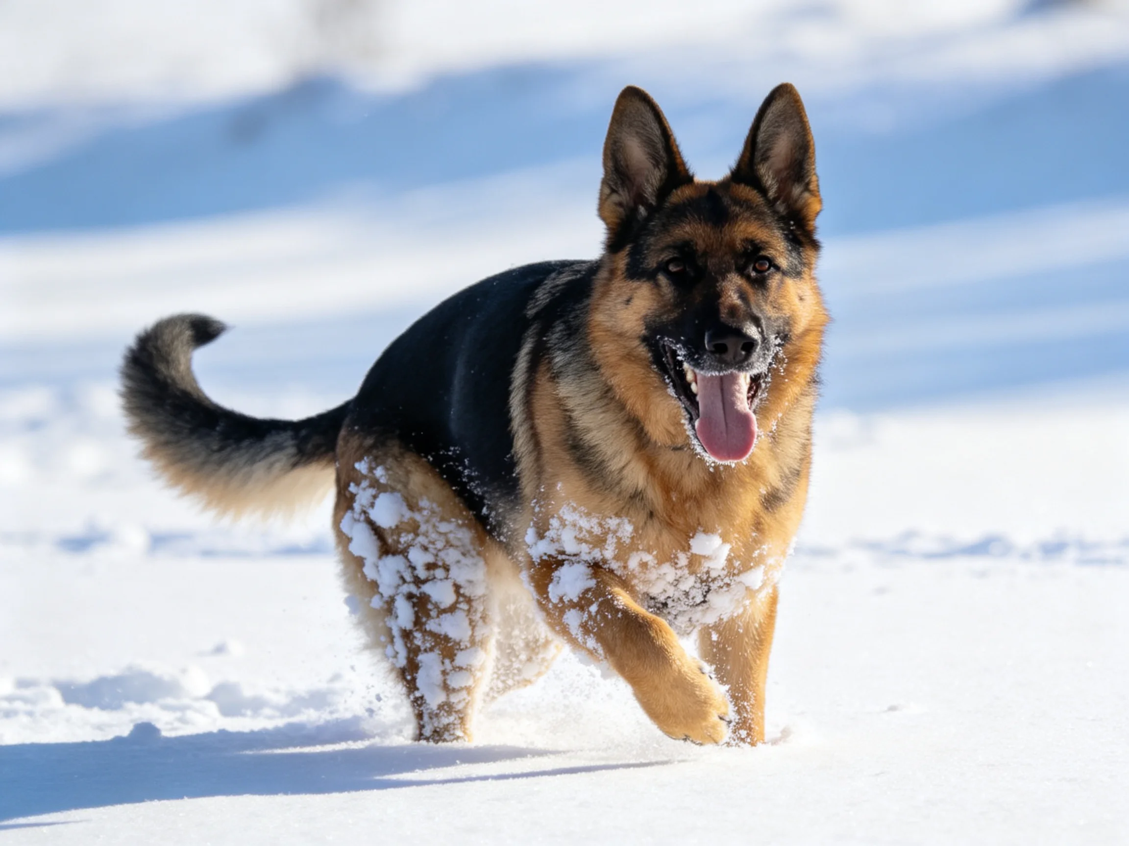 A German Shepherd dog running through pristine white snow