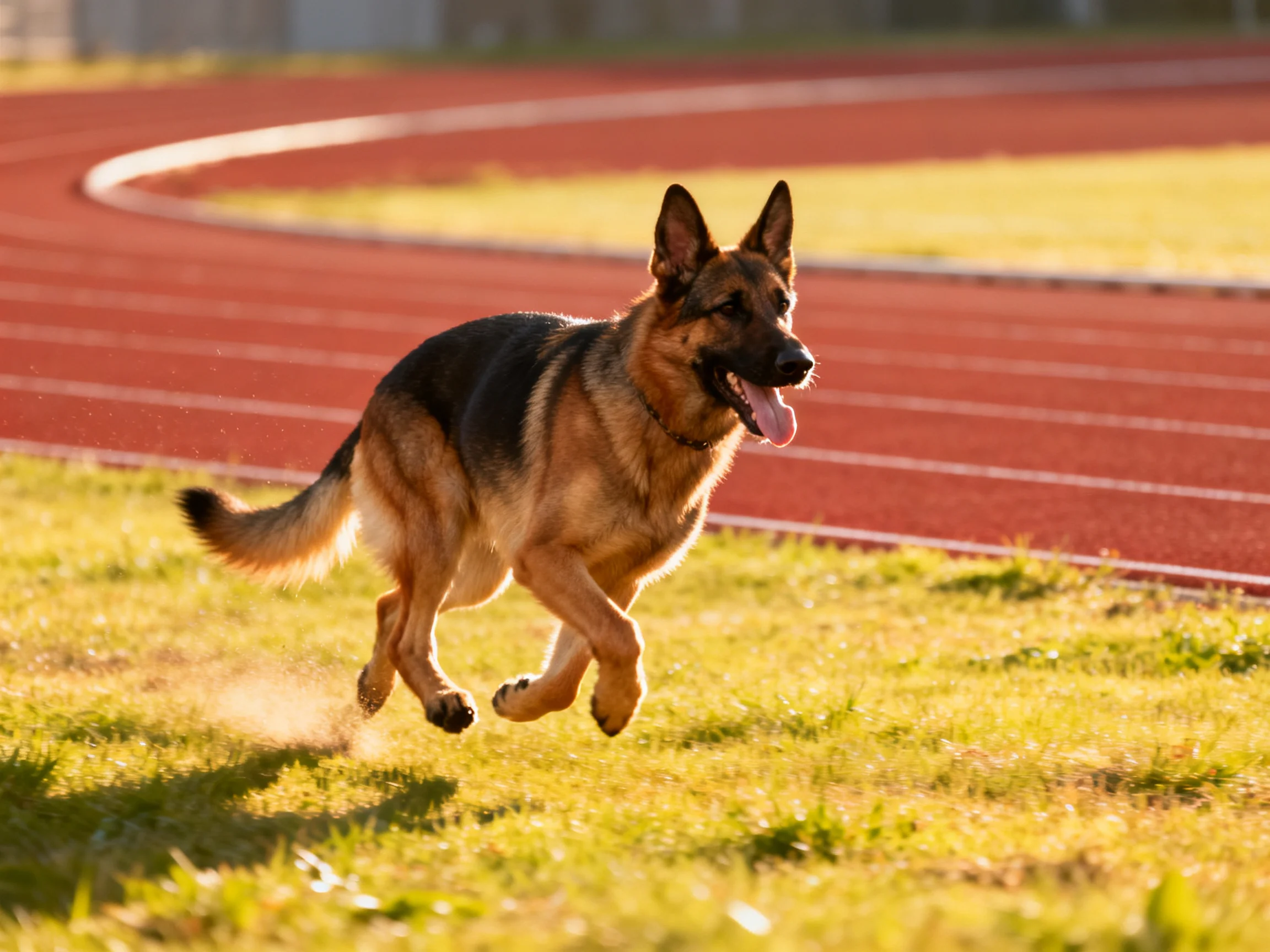 A German Shepherd dog runs energetically beside a red athletic track