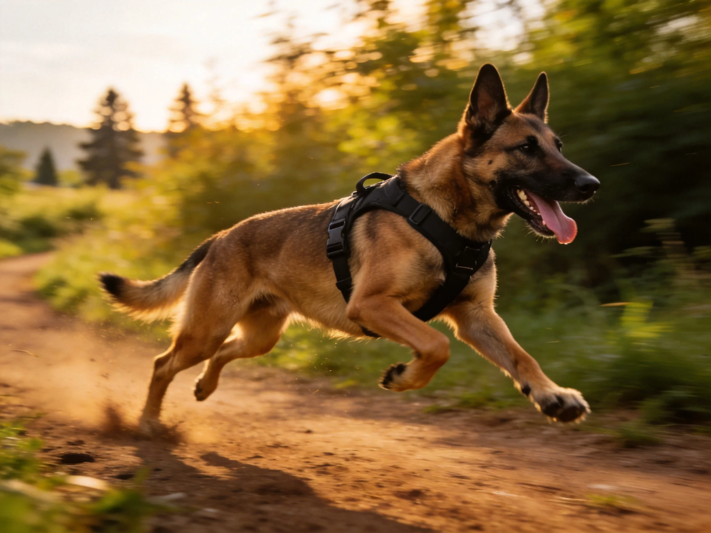 A German Shepherd dog dashes along a dusty dirt path in a sunlit outdoor setting.
