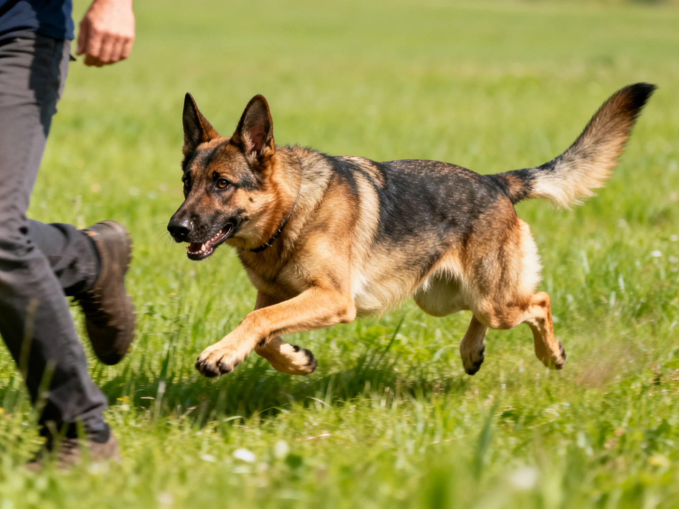A German Shepherd dog runs energetically through a lush green meadow near a person