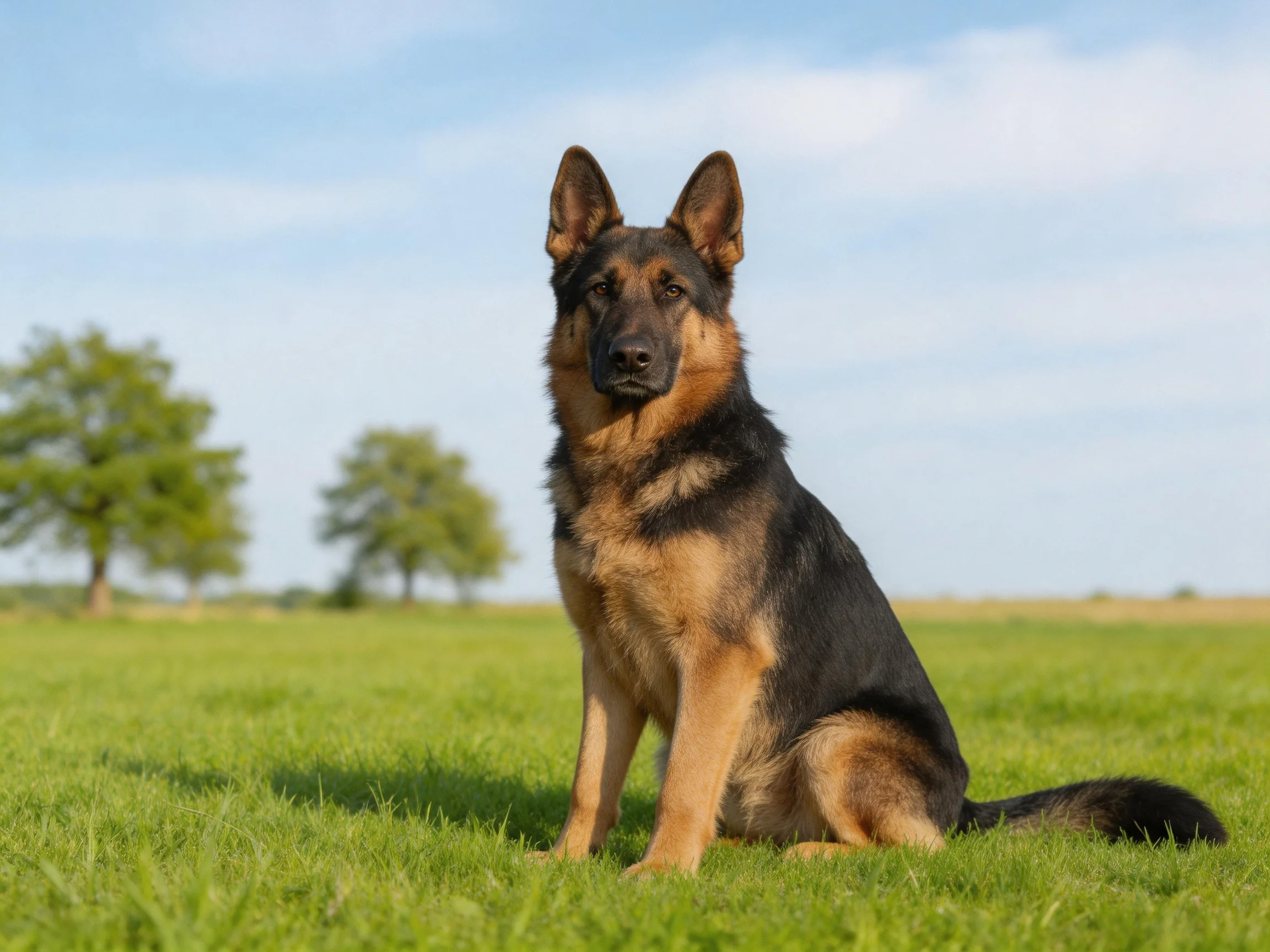 A German Shepherd sits calmly among grass and distant trees in a sunny field.
