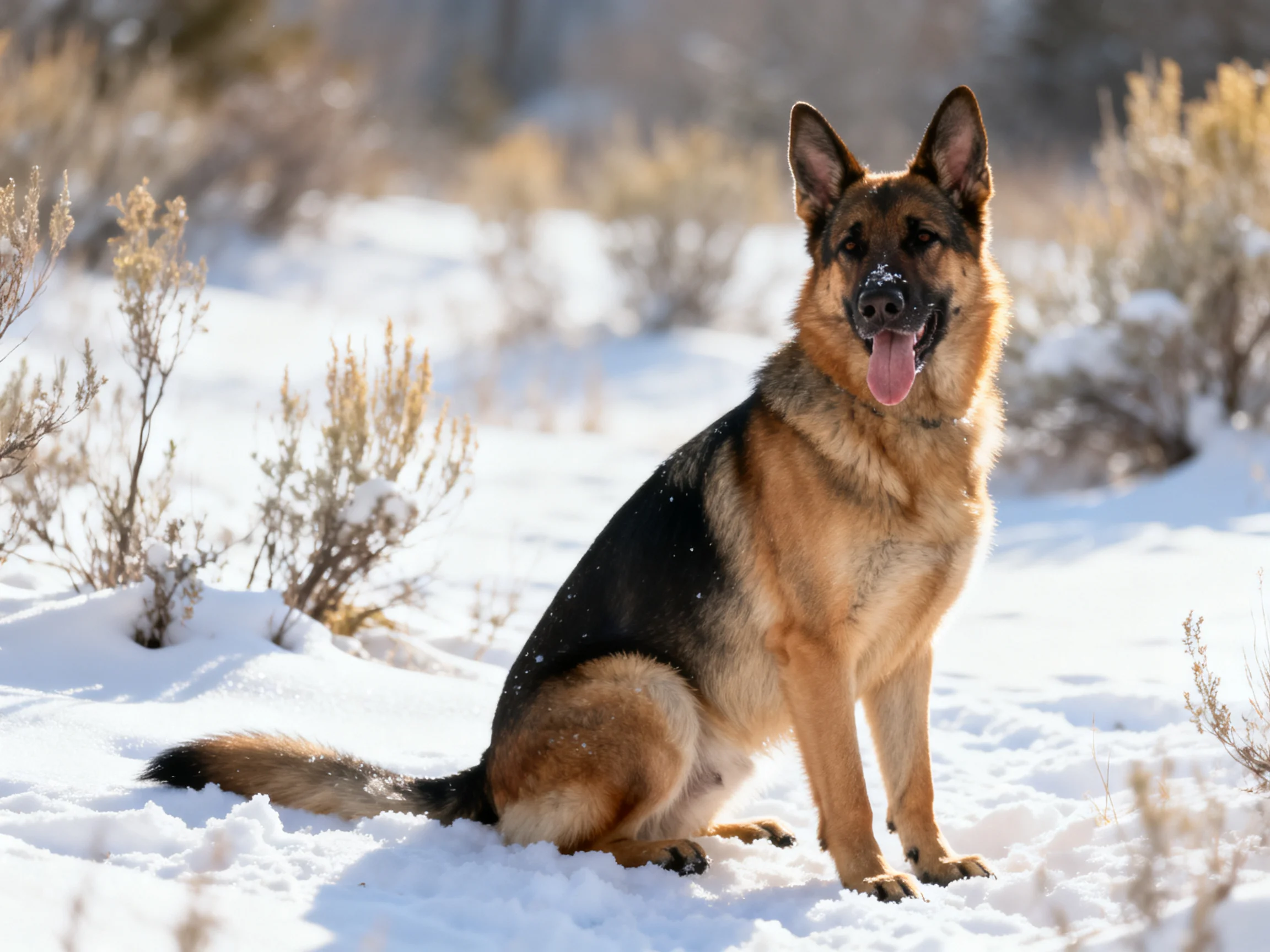 A German Shepherd dog sits in a snowy landscape with shrubs