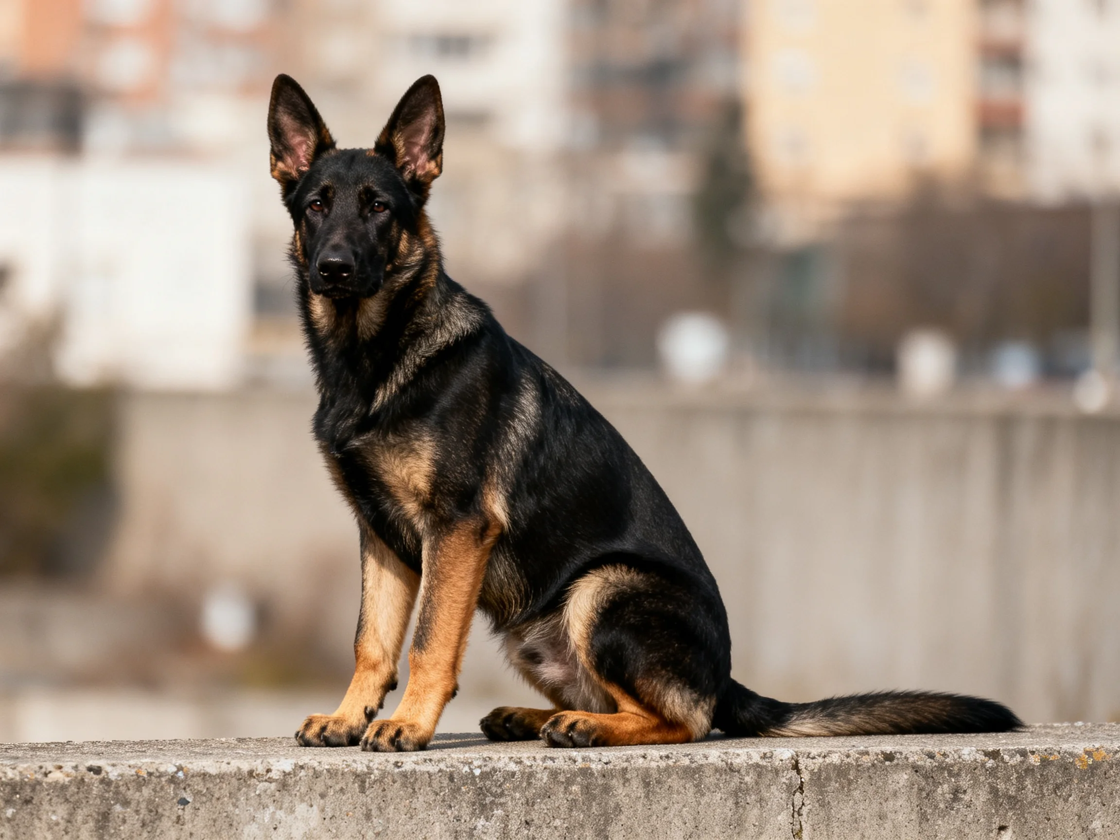 A German Shepherd dog sits on a concrete ledge with blurred city buildings