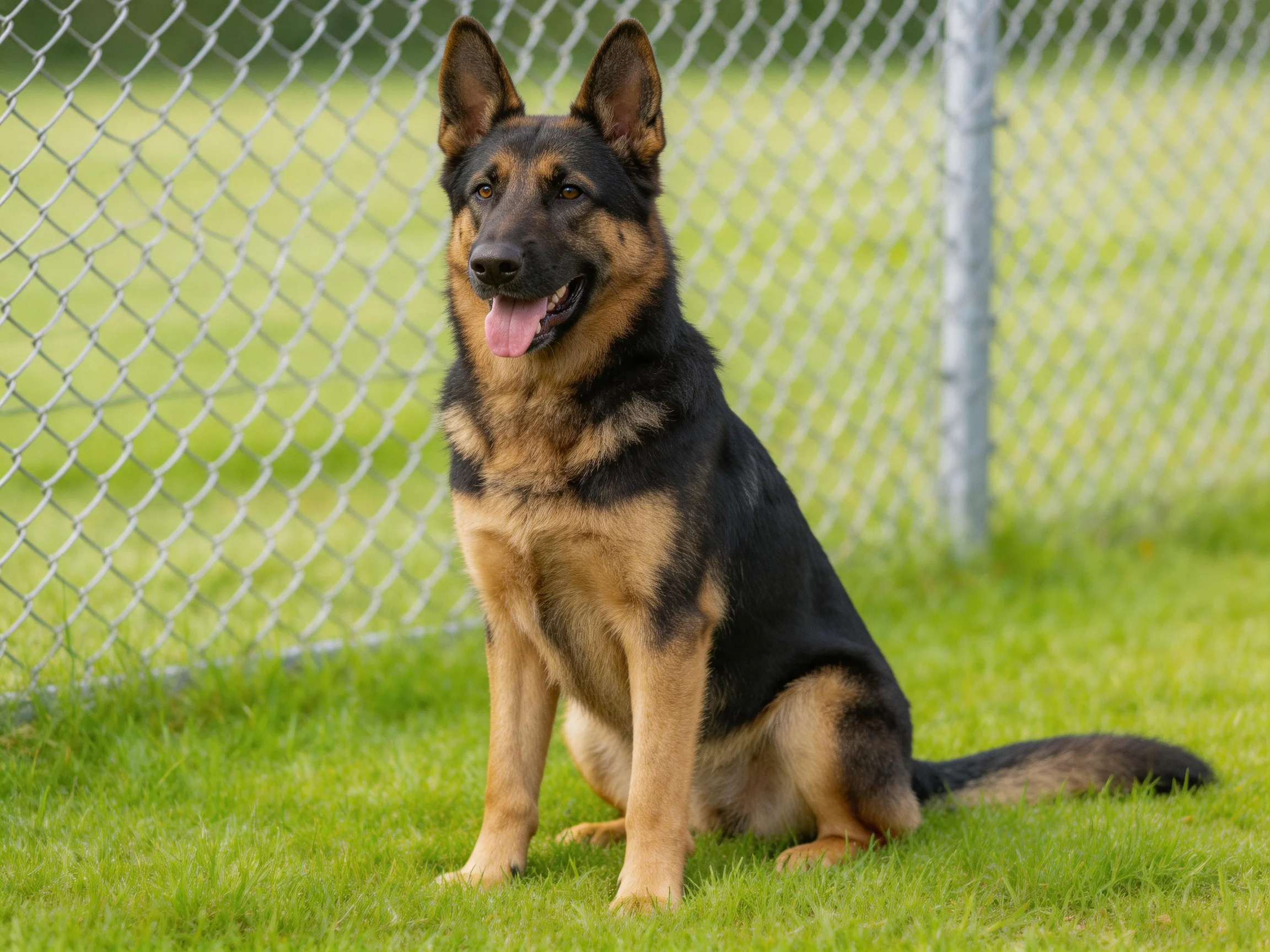 A German Shepherd sits calmly on green grass near a chain-link fence.