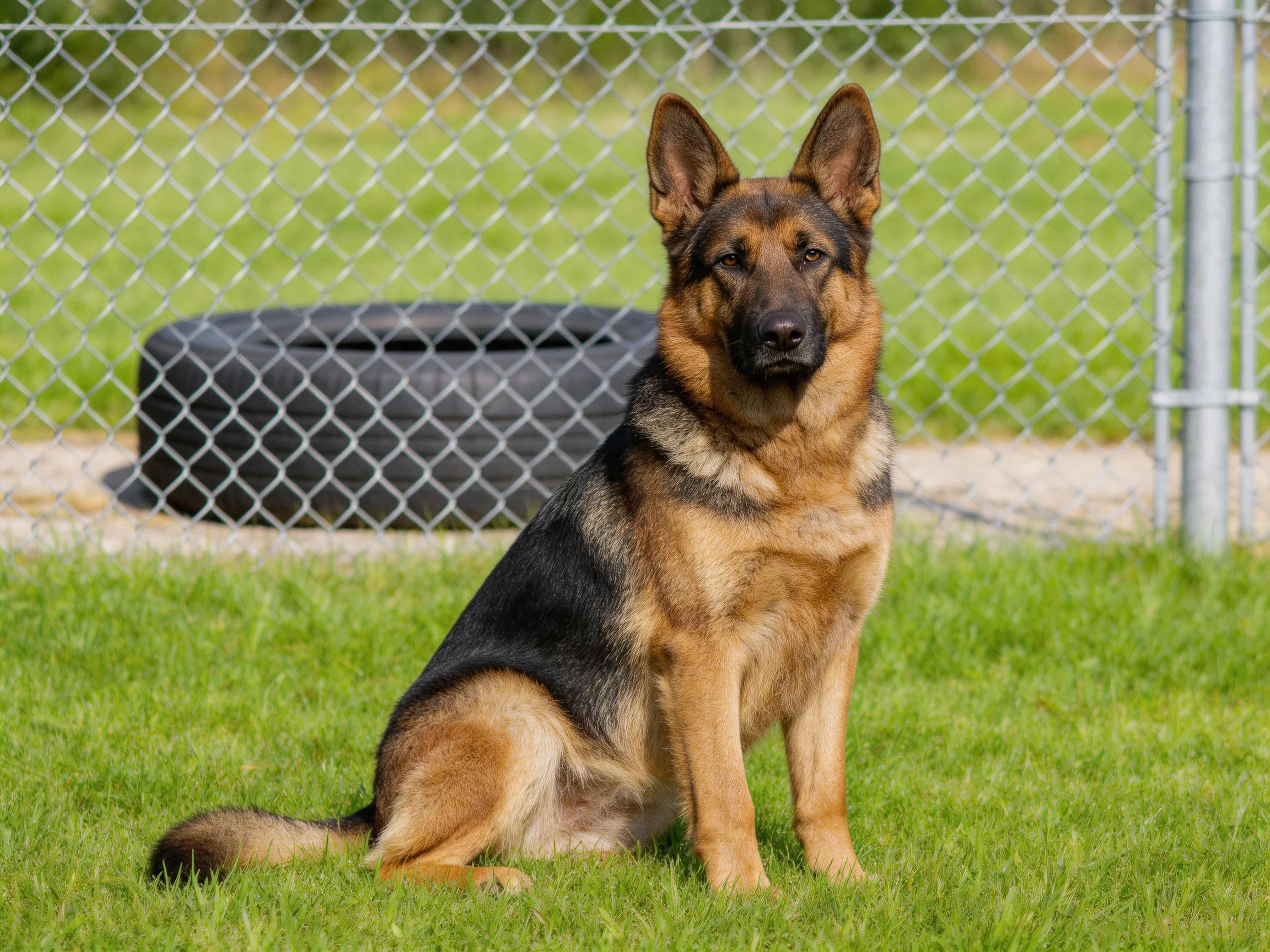 A German Shepherd sits calmly on grass near a chain-link fence.