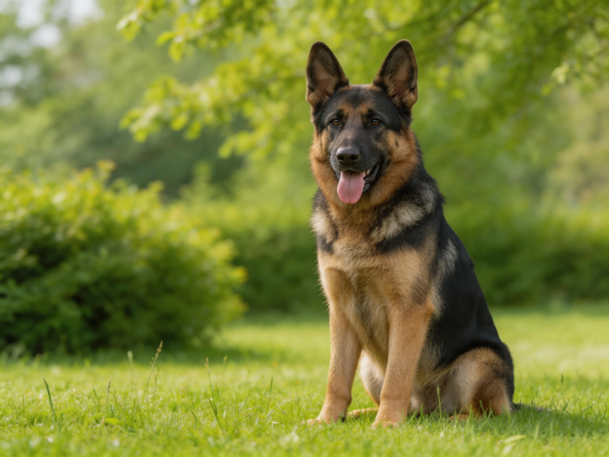 A German Shepherd dog sits calmly on green grass in a sunny outdoor setting.