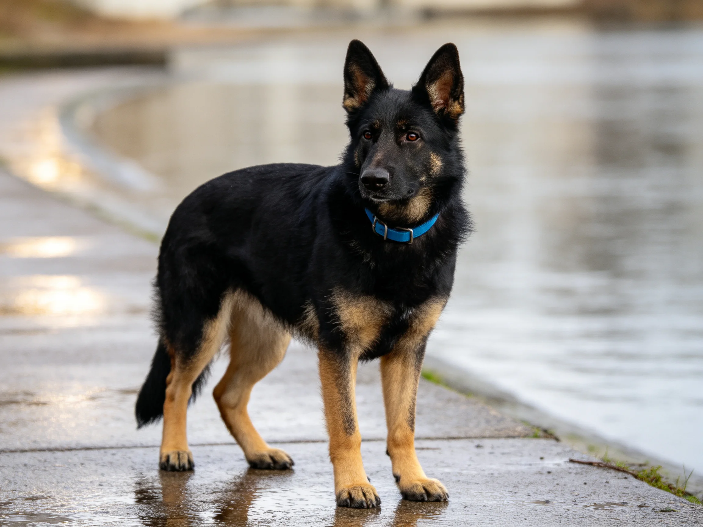 A German Shepherd dog stands on a wet sidewalk near water
