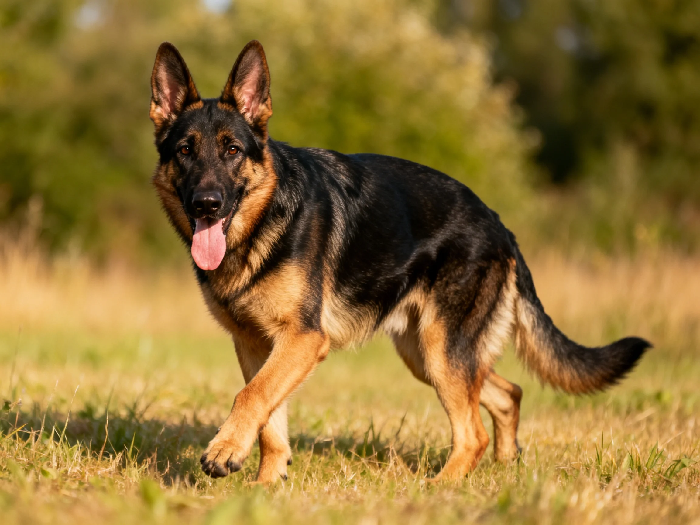 A German Shepherd dog trotting on sunlit grassy terrain