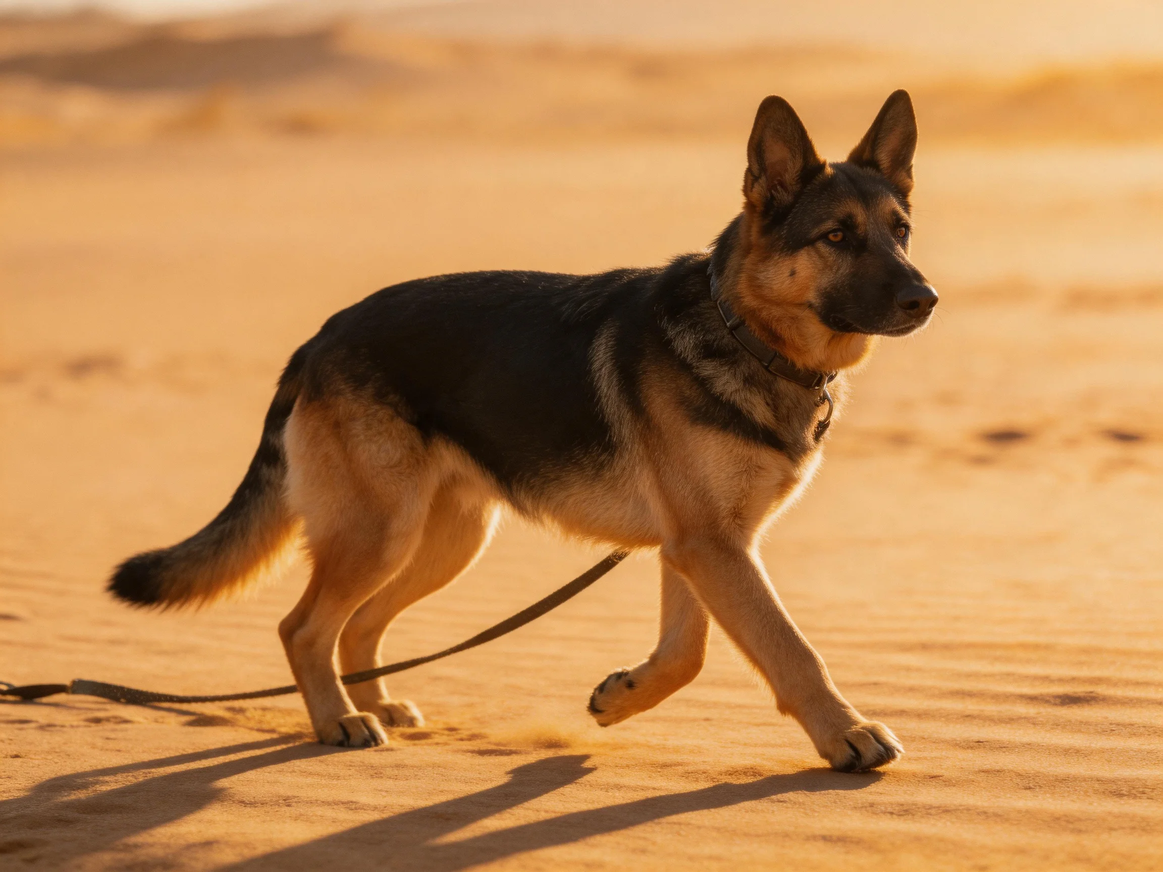 A German Shepherd dog walking on sunlit sandy terrain