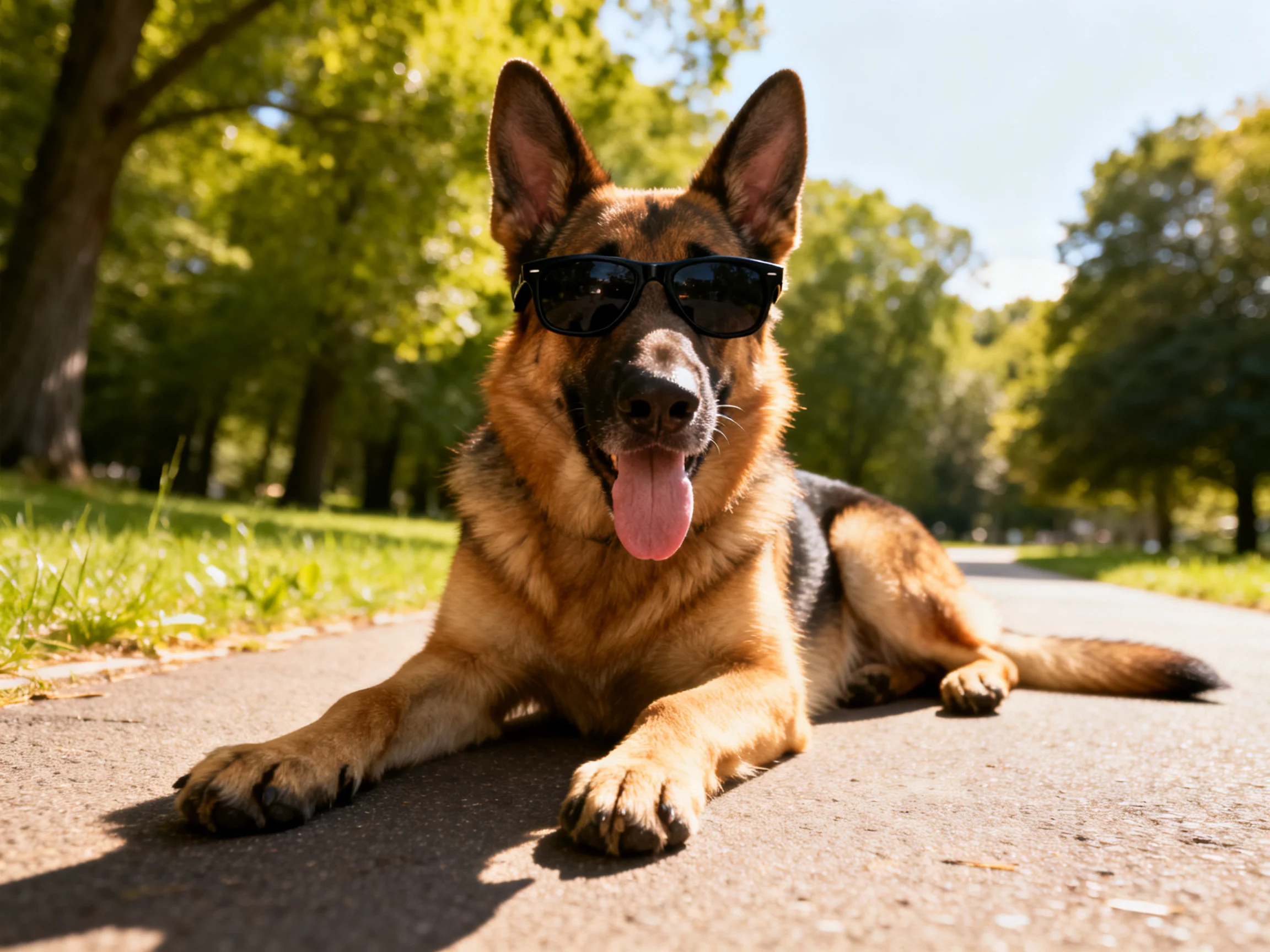 A German Shepherd dog wearing black sunglasses lies on a sunlit path
