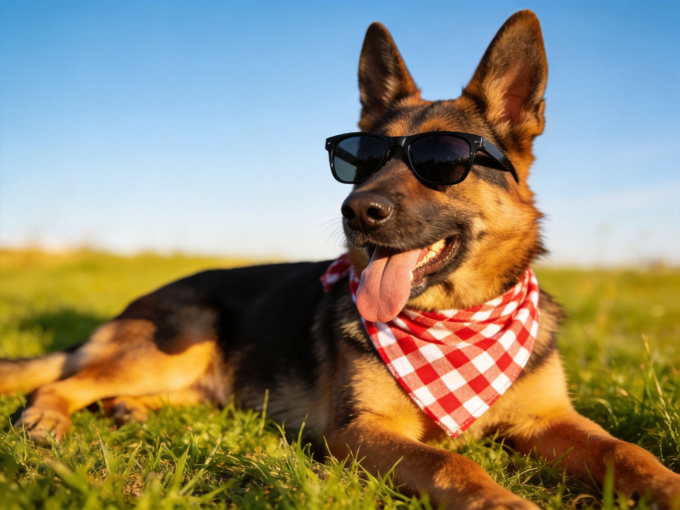 A German Shepherd dog wearing sunglasses and a red checkered bandana rests on grass