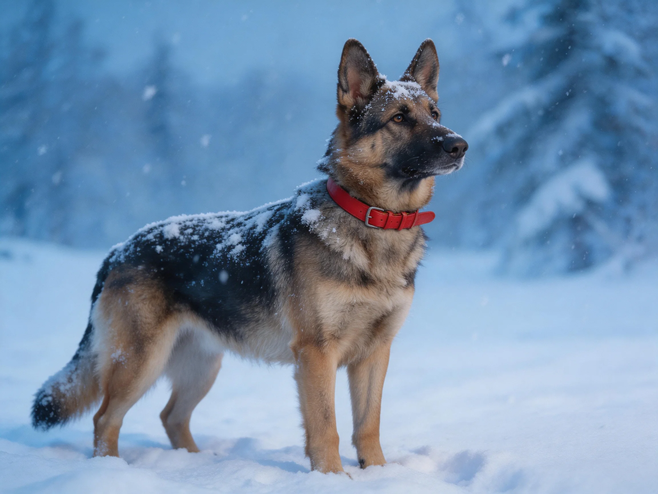 A German Shepherd dog stands alert in a snowy outdoor setting.