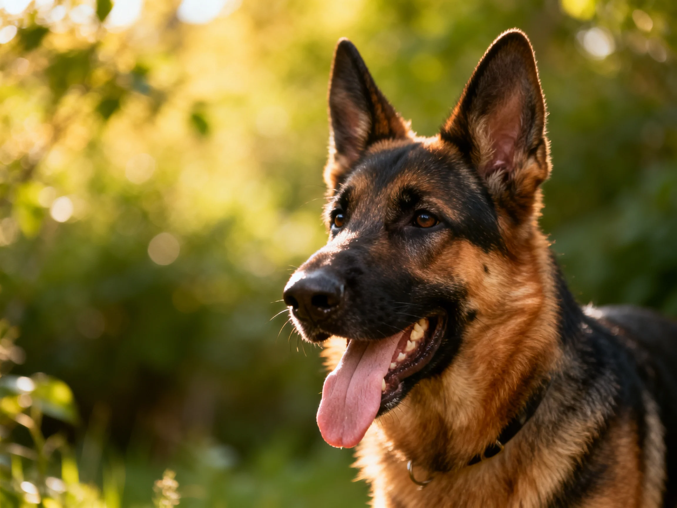 A German Shepherd dog is shown outdoors in a sunlit, green environment.