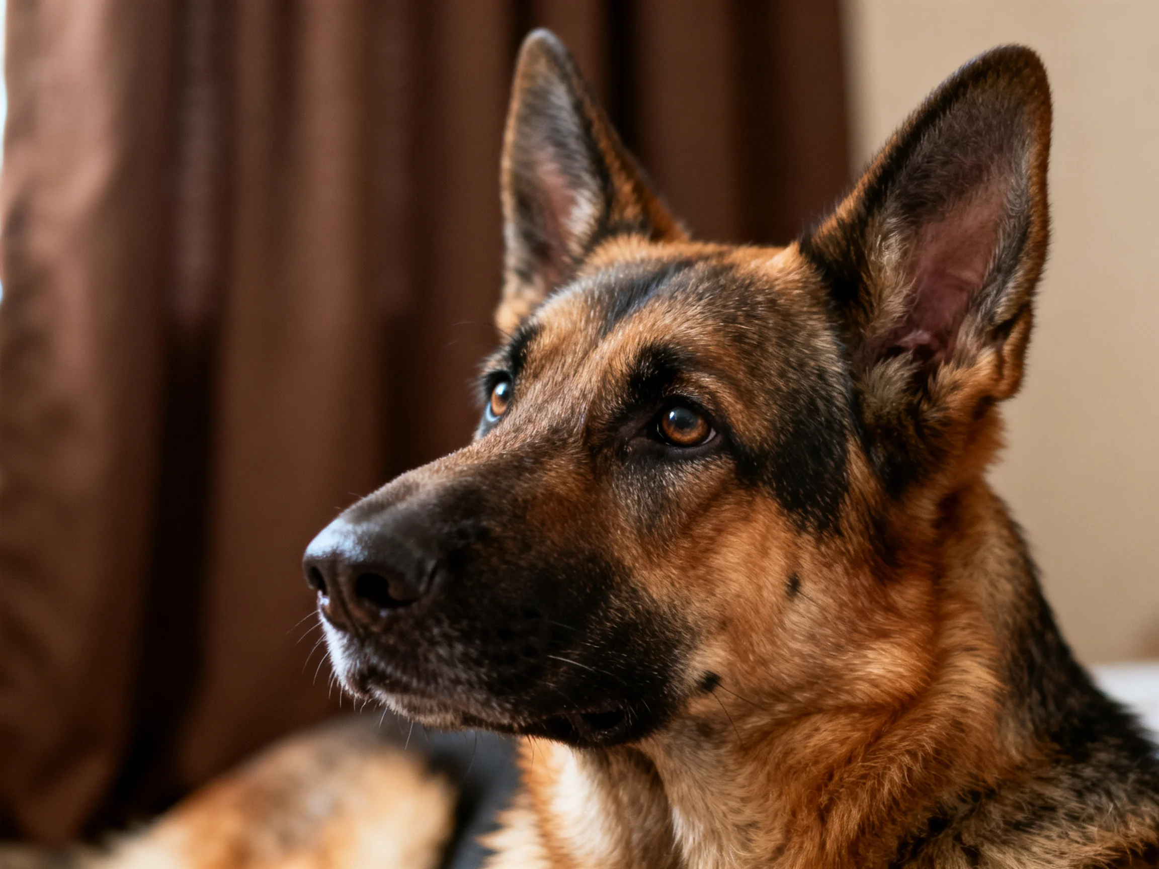 A German Shepherd dog gazes attentively near dark curtains.