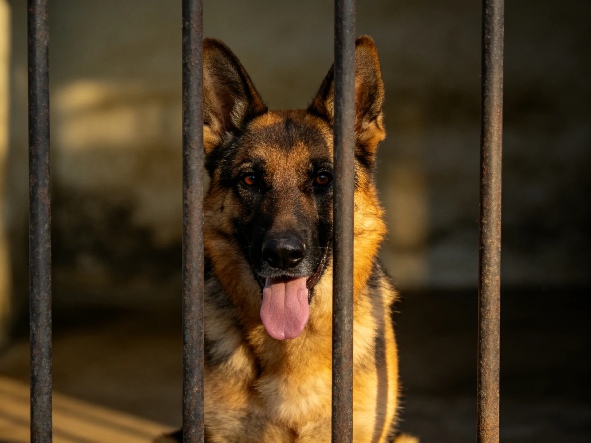 A German Shepherd dog stands behind metal bars in a dimly lit environment.
