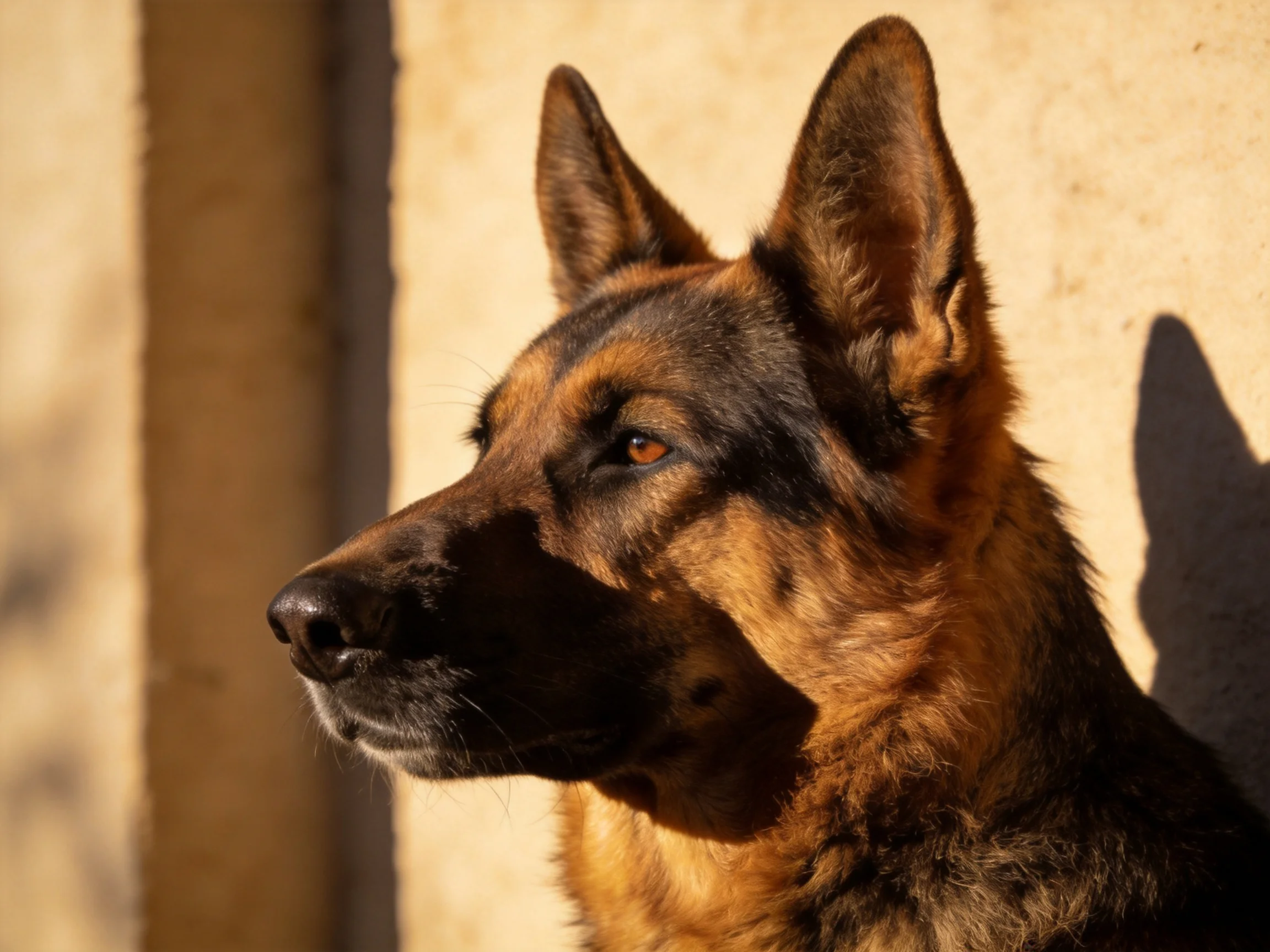 A German Shepherd dog is positioned next to a beige wall under warm sunlight.