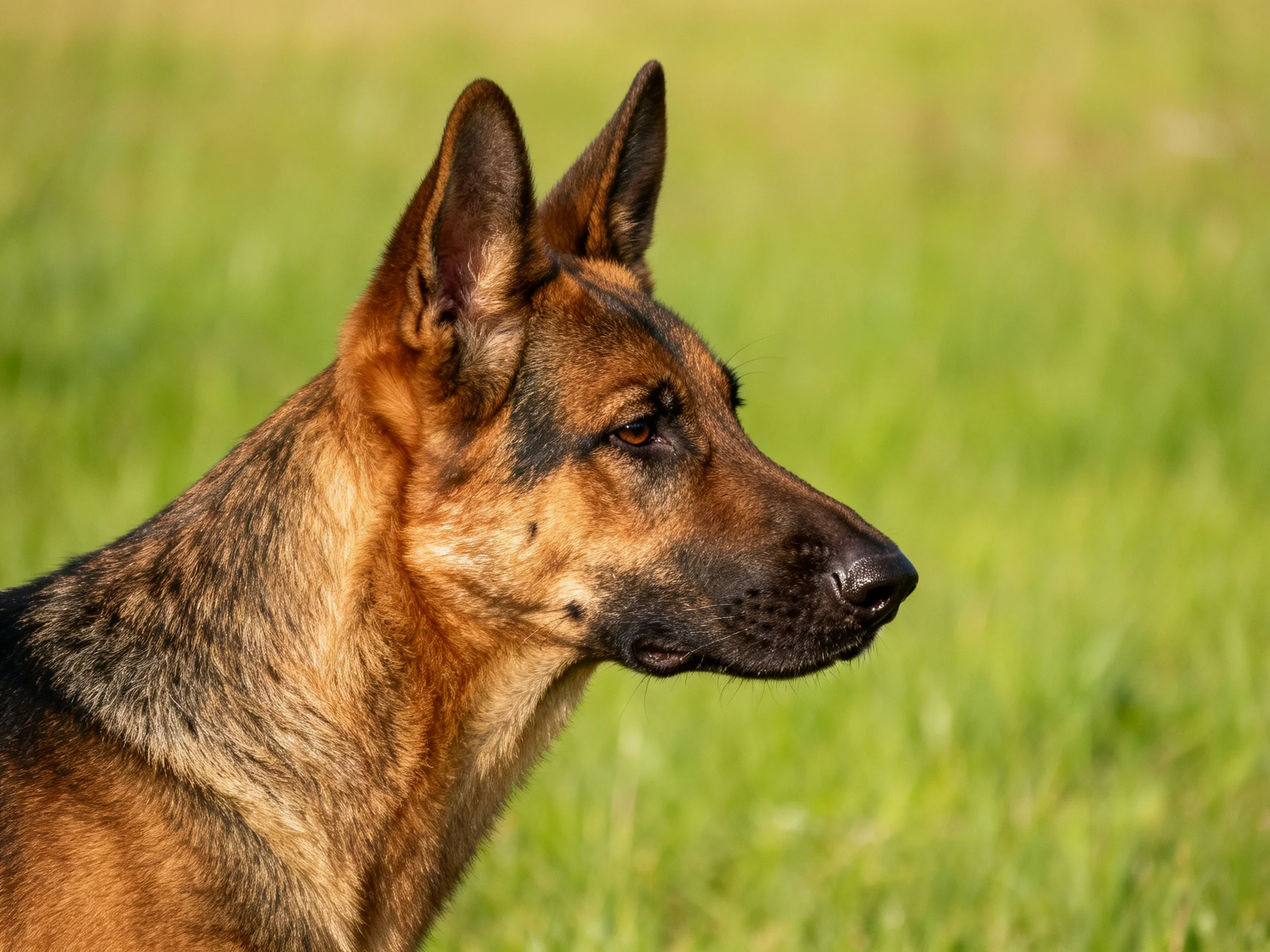 A German Shepherd dog stands alertly in a sunlit green meadow.