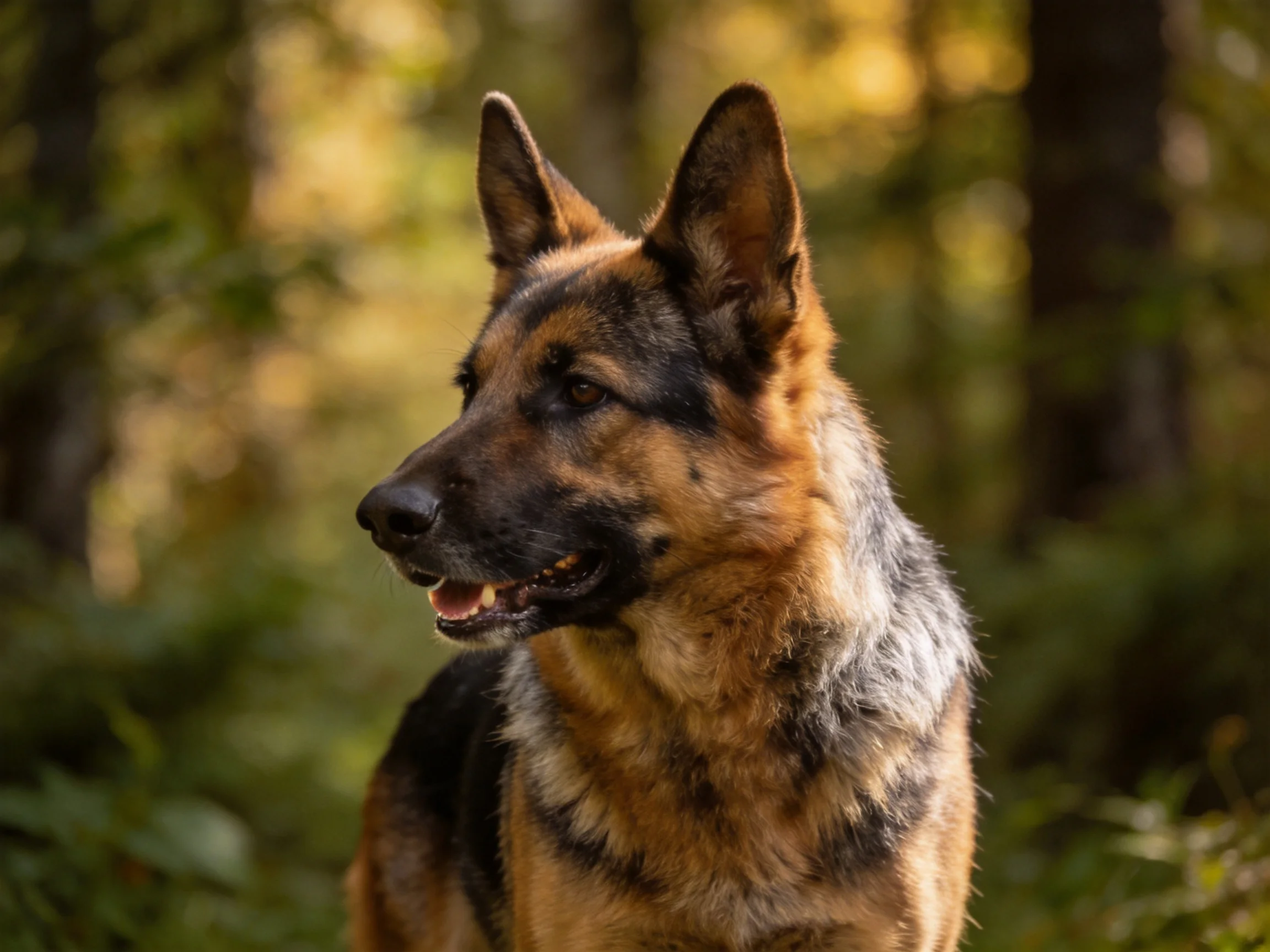 A German Shepherd dog stands alert in a sunlit forest environment.