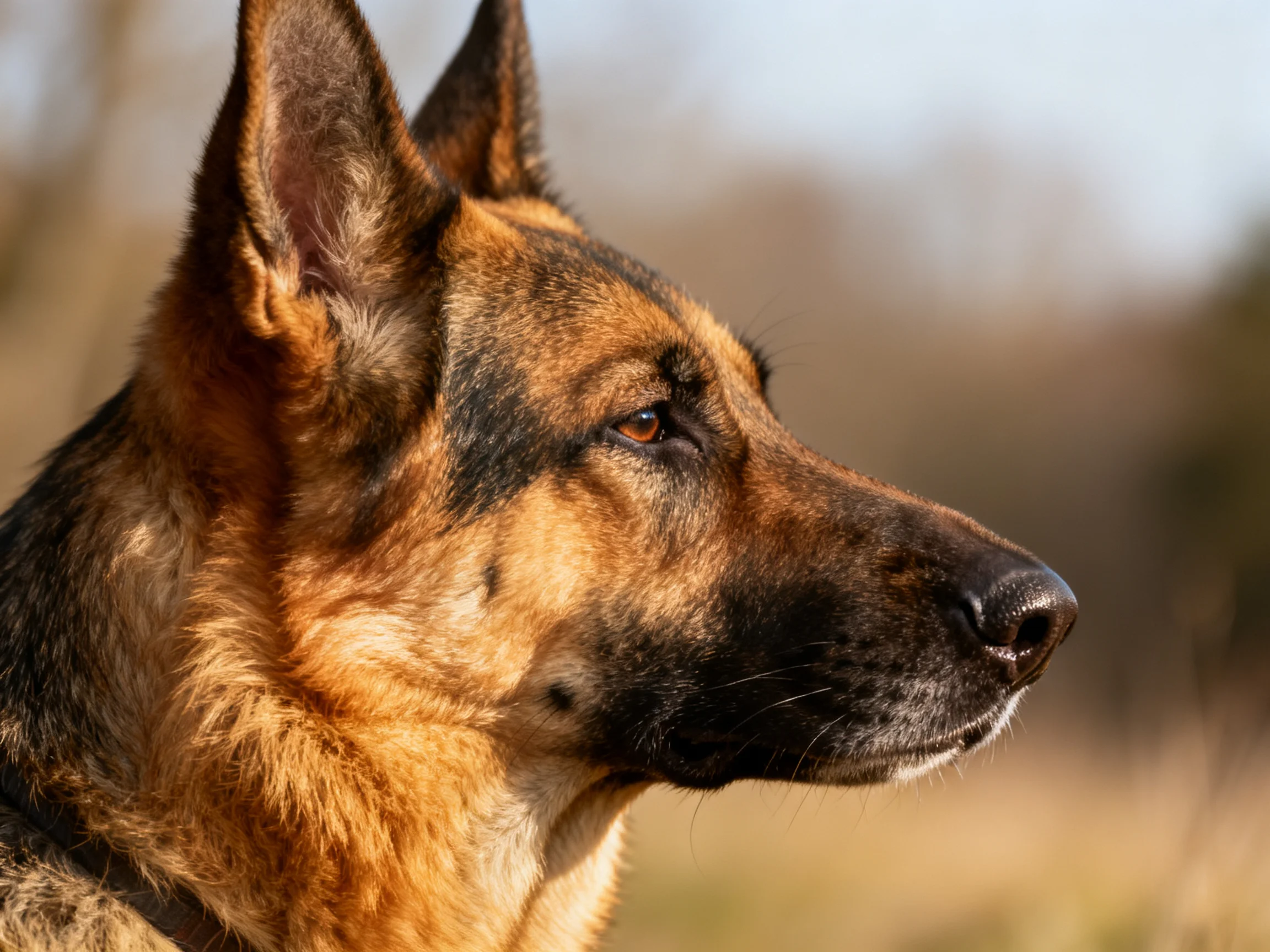 A German Shepherd dog is shown in profile with a blurred natural background.