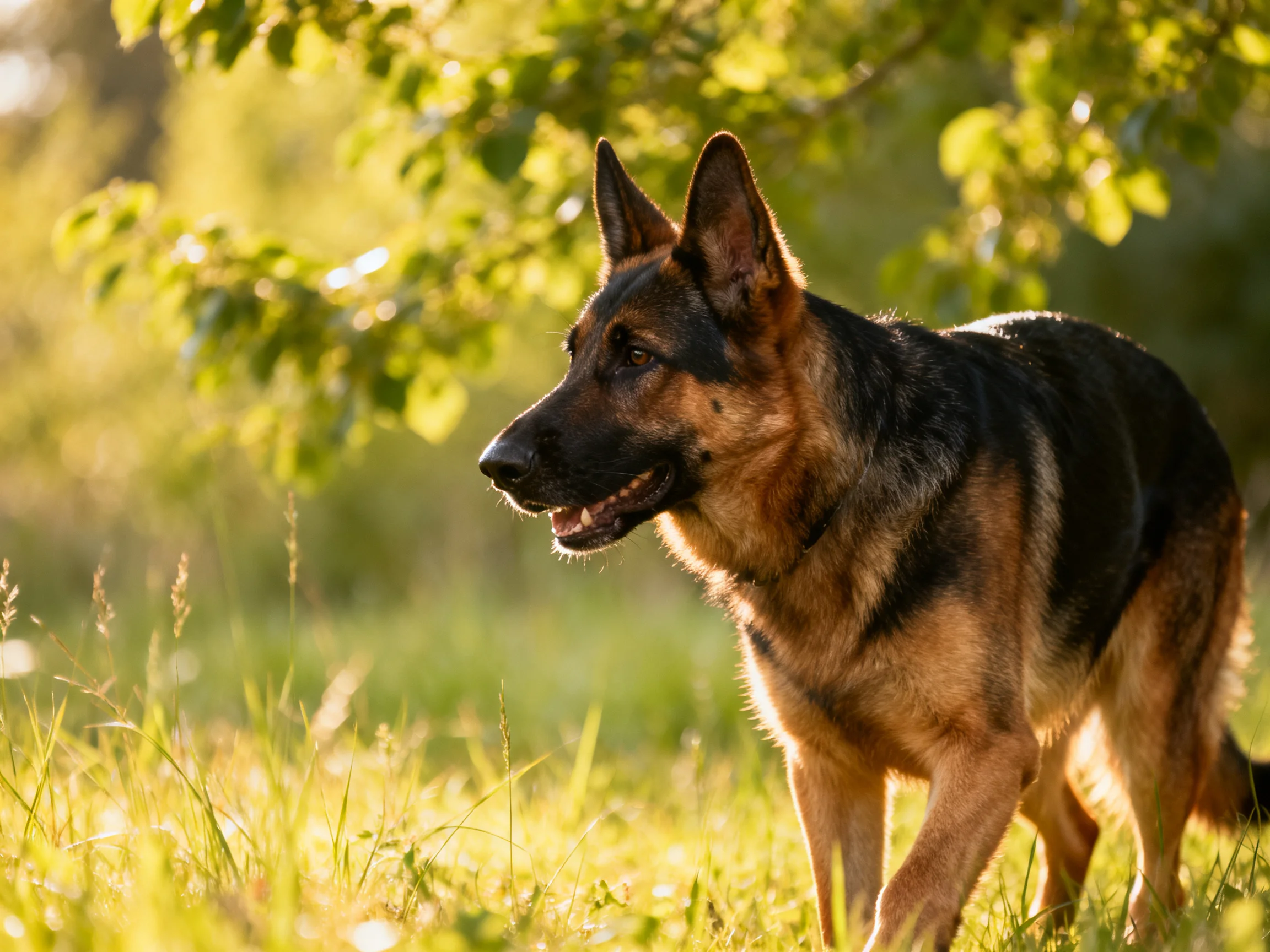 A German Shepherd explores a sun-dappled green meadow