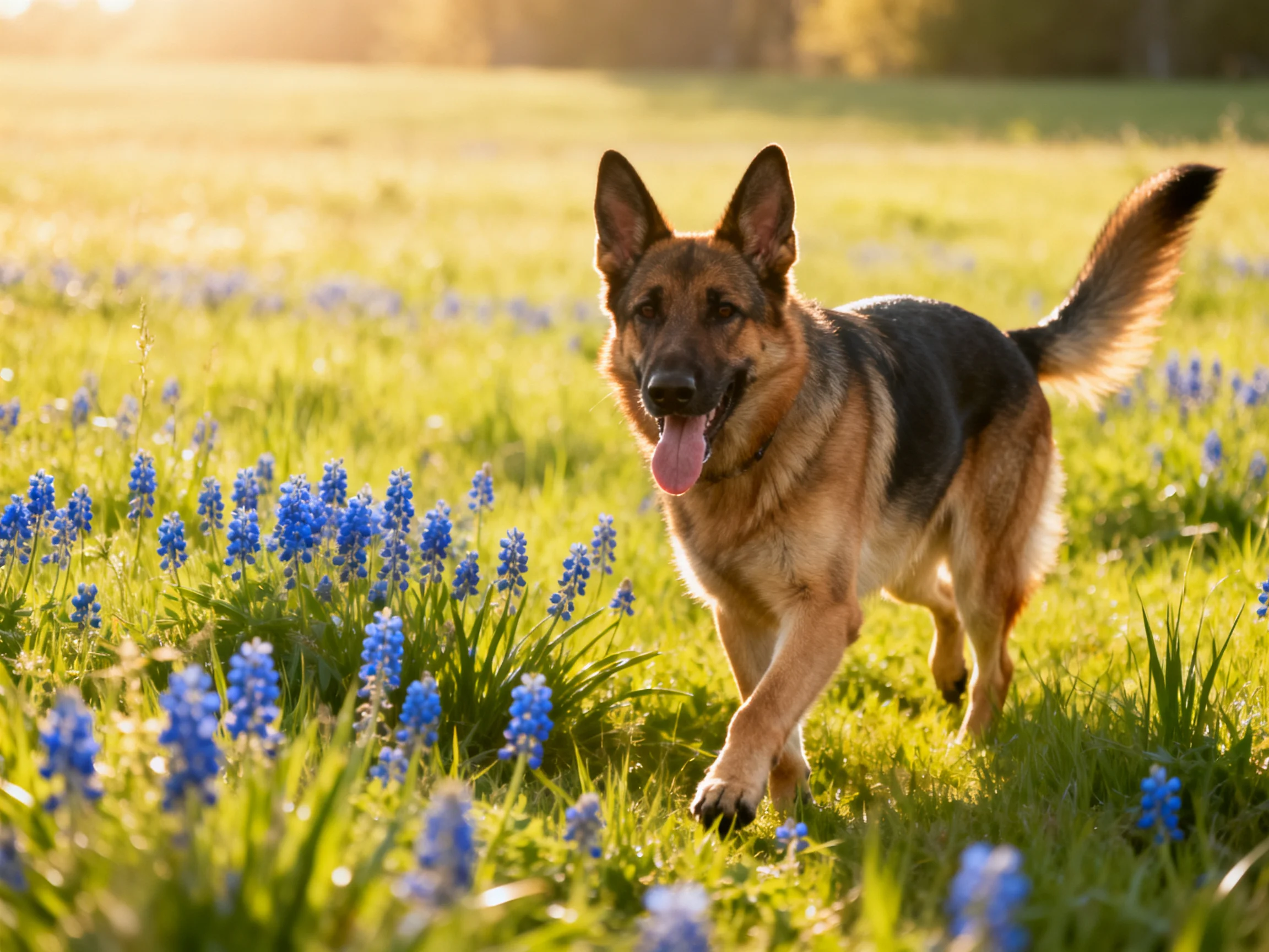 A German Shepherd explores a sunlit meadow with blue wildflowers