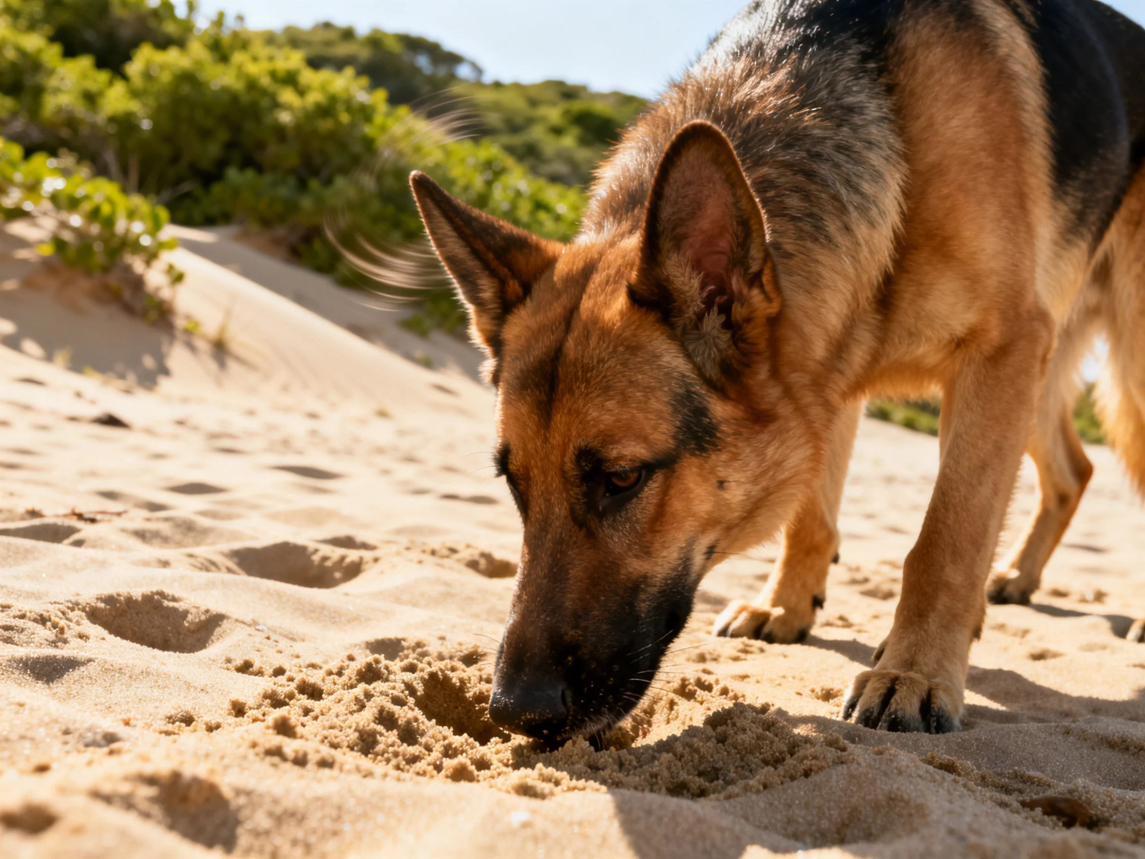 A German Shepherd explores golden sand near lush green bushes