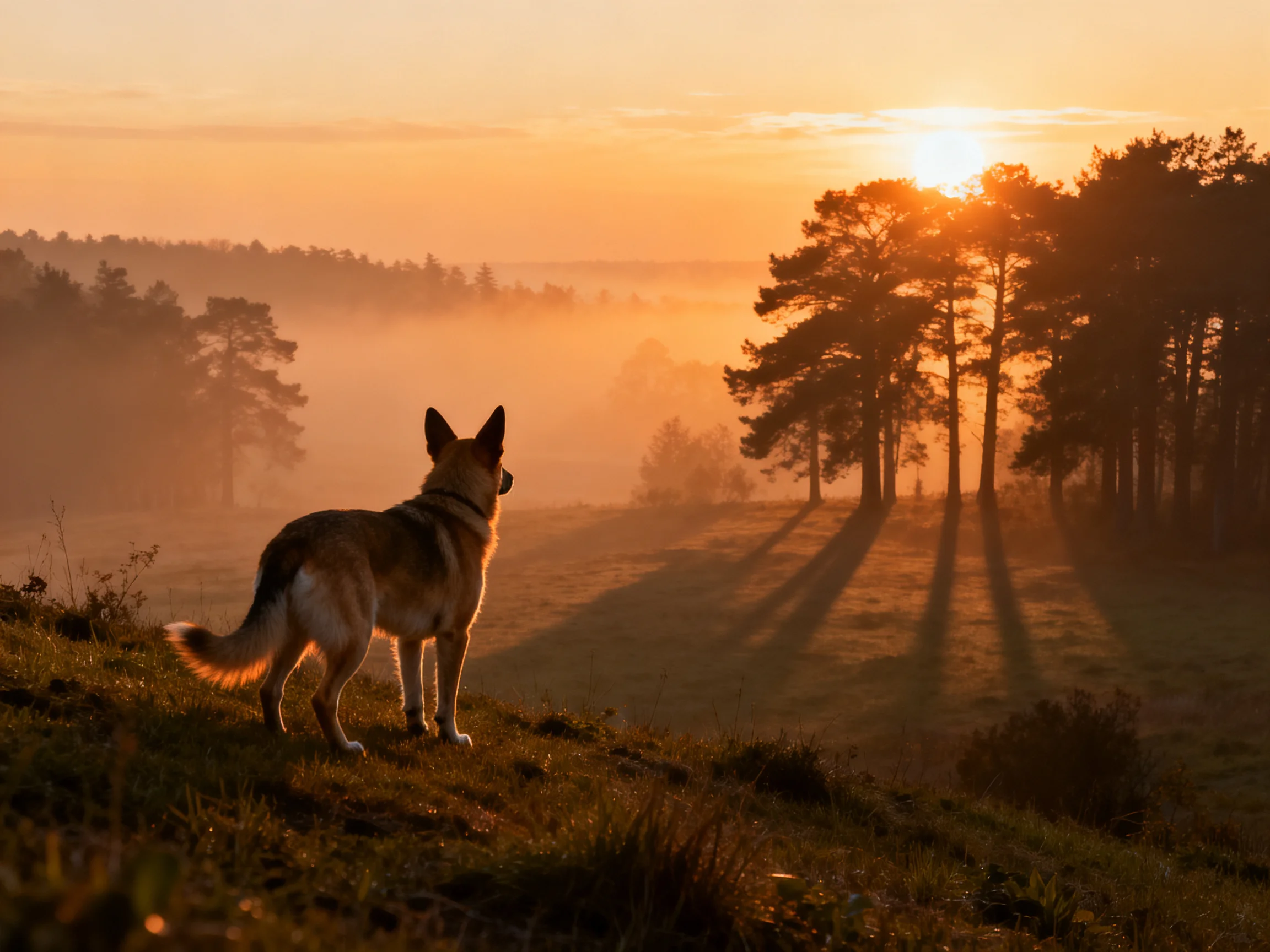 A German Shepherd watches a golden sunrise over misty forests
