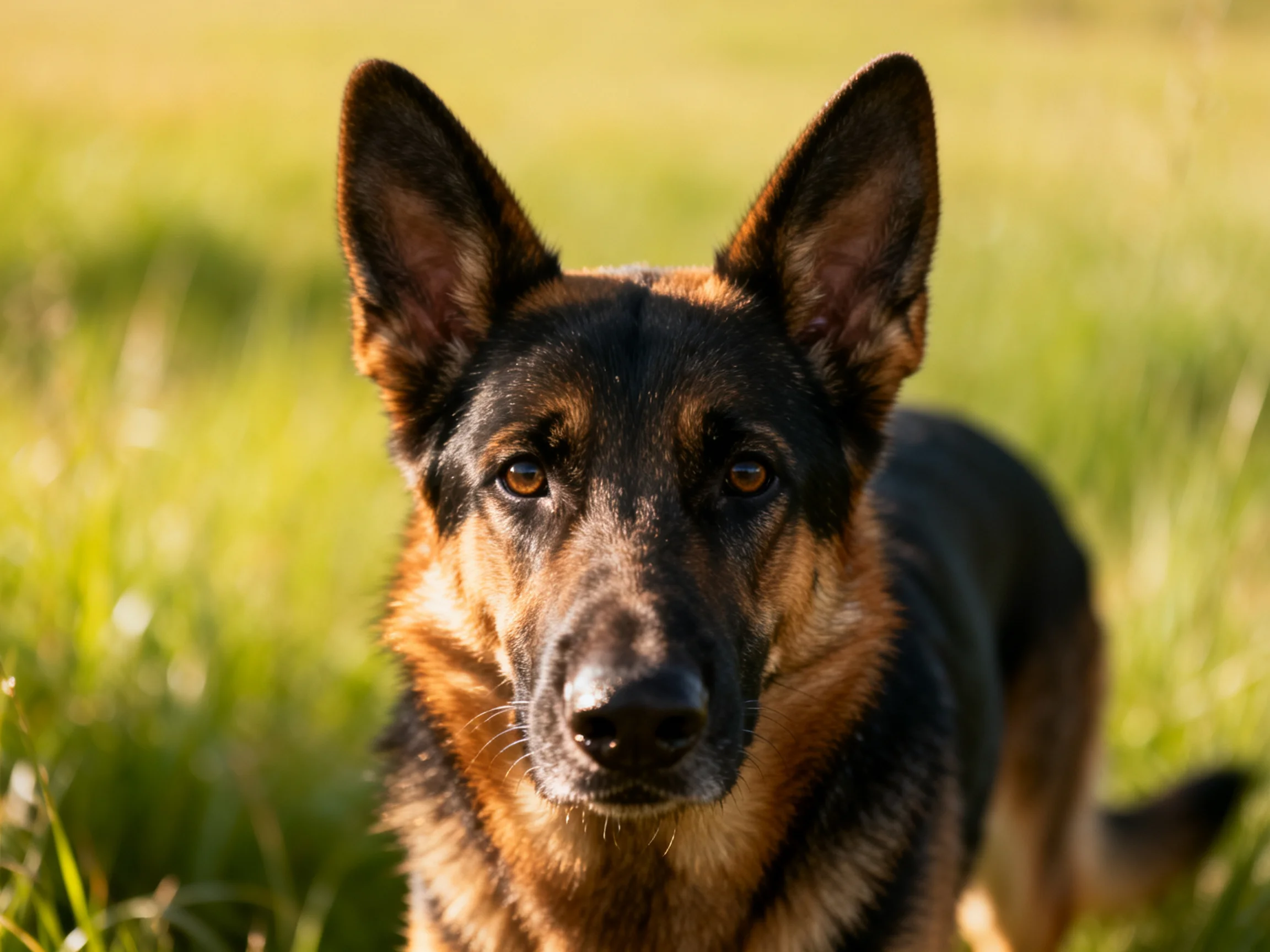 A German Shepherd gazes directly at the camera in a sunlit green meadow