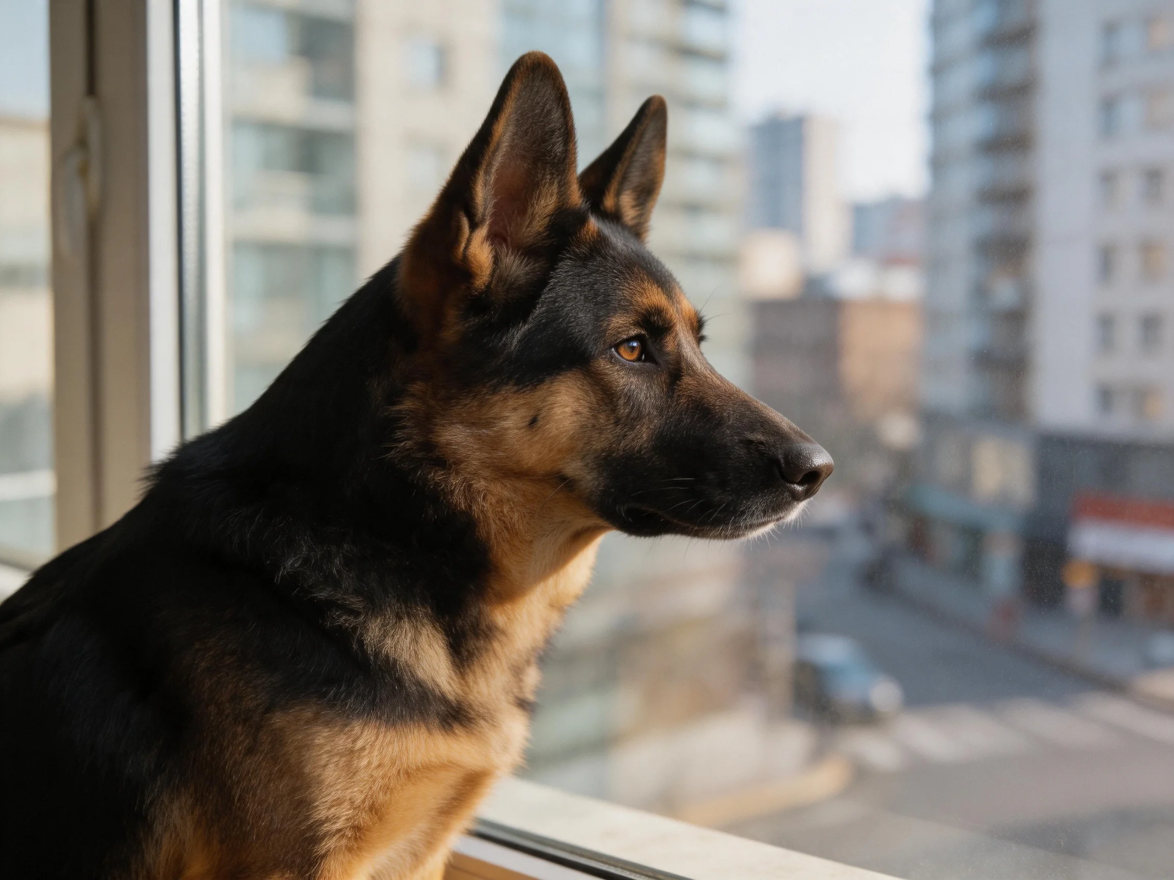 A German Shepherd gazes out a window at an urban landscape