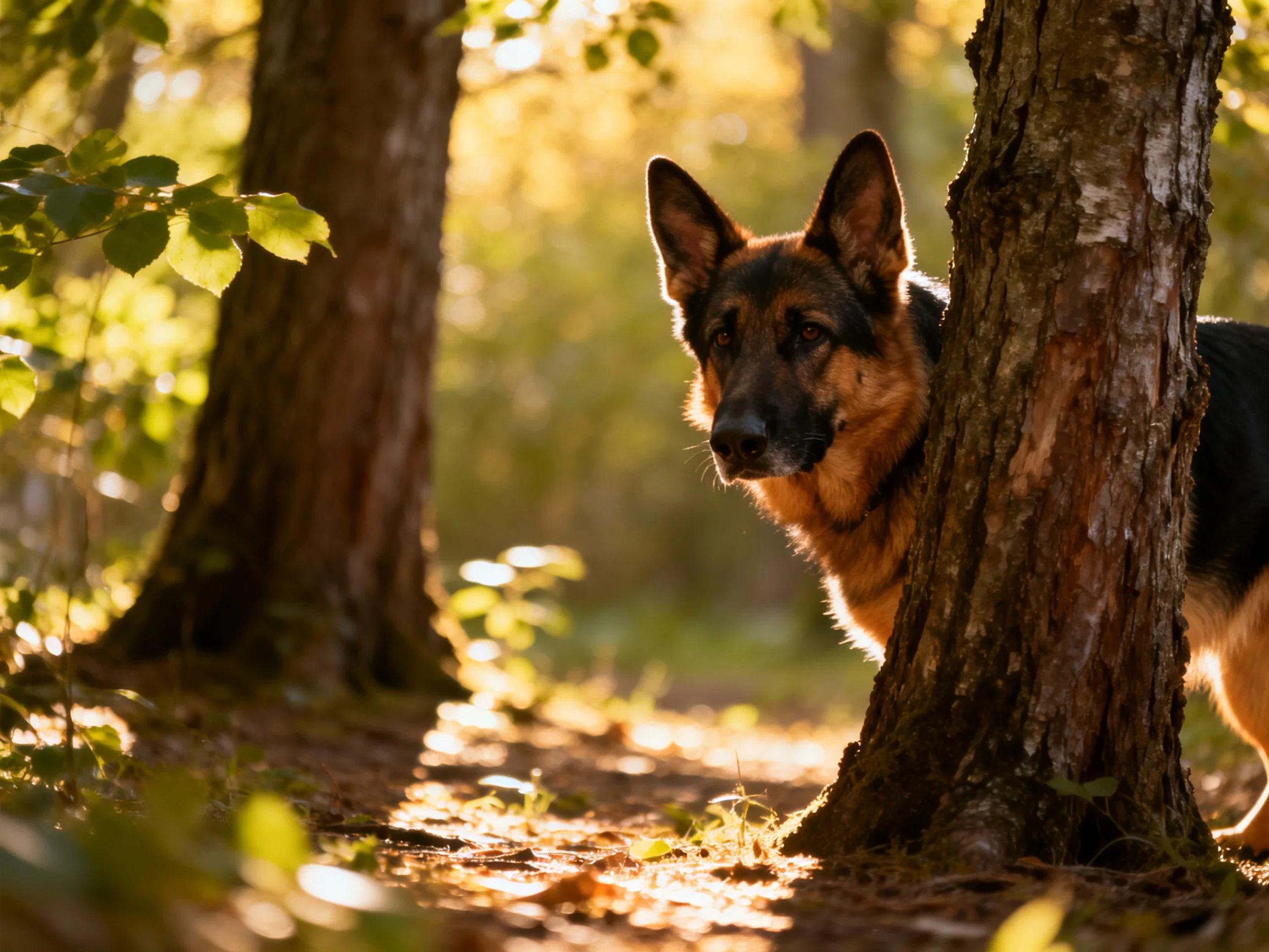A German Shepherd hides behind a tree in a sunlit forest