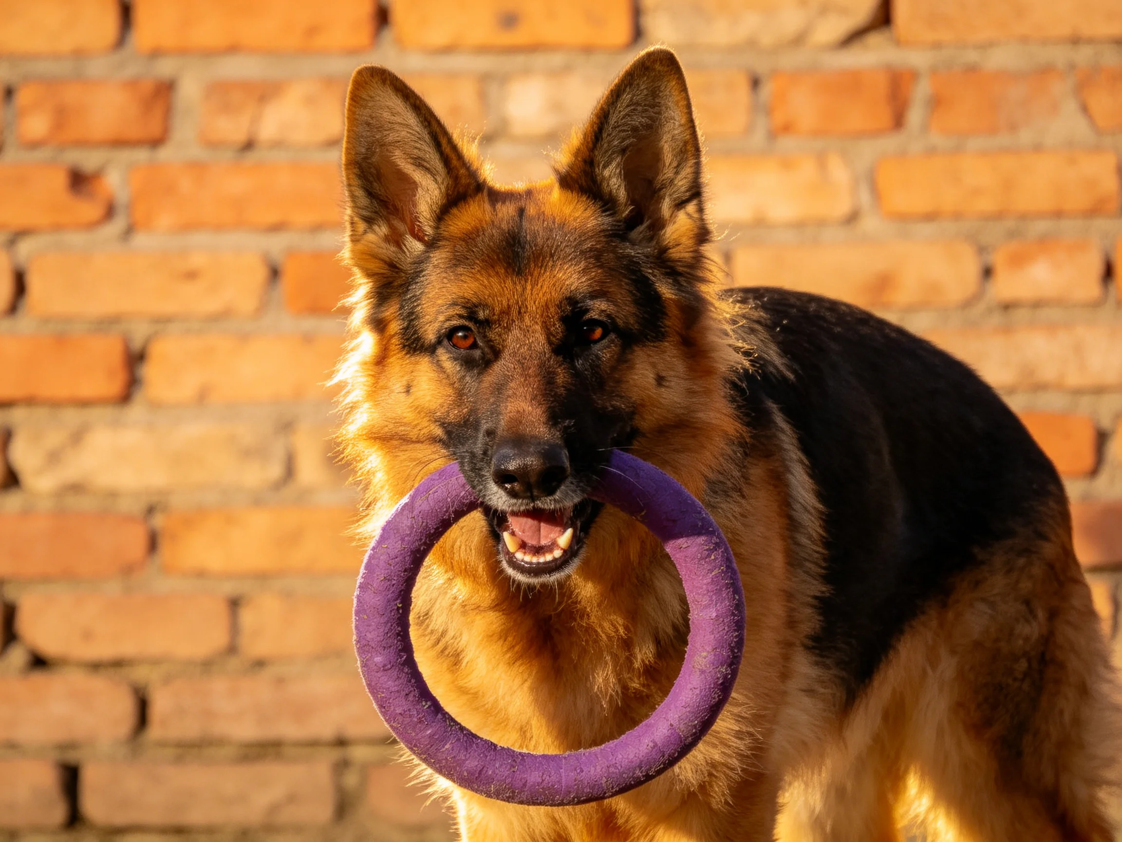 A German Shepherd carries a purple ring toy beside a brick wall.