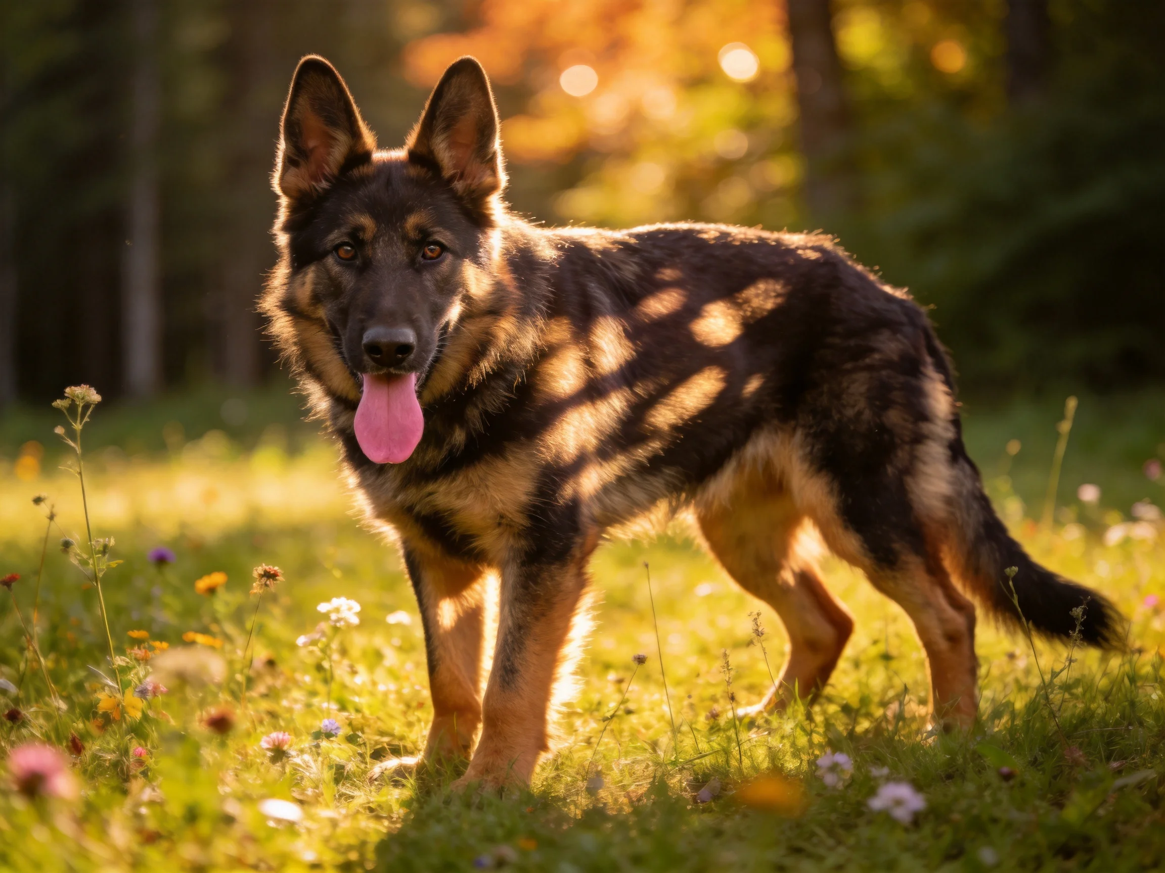 A German Shepherd stands in a sunlit meadow with wildflowers.