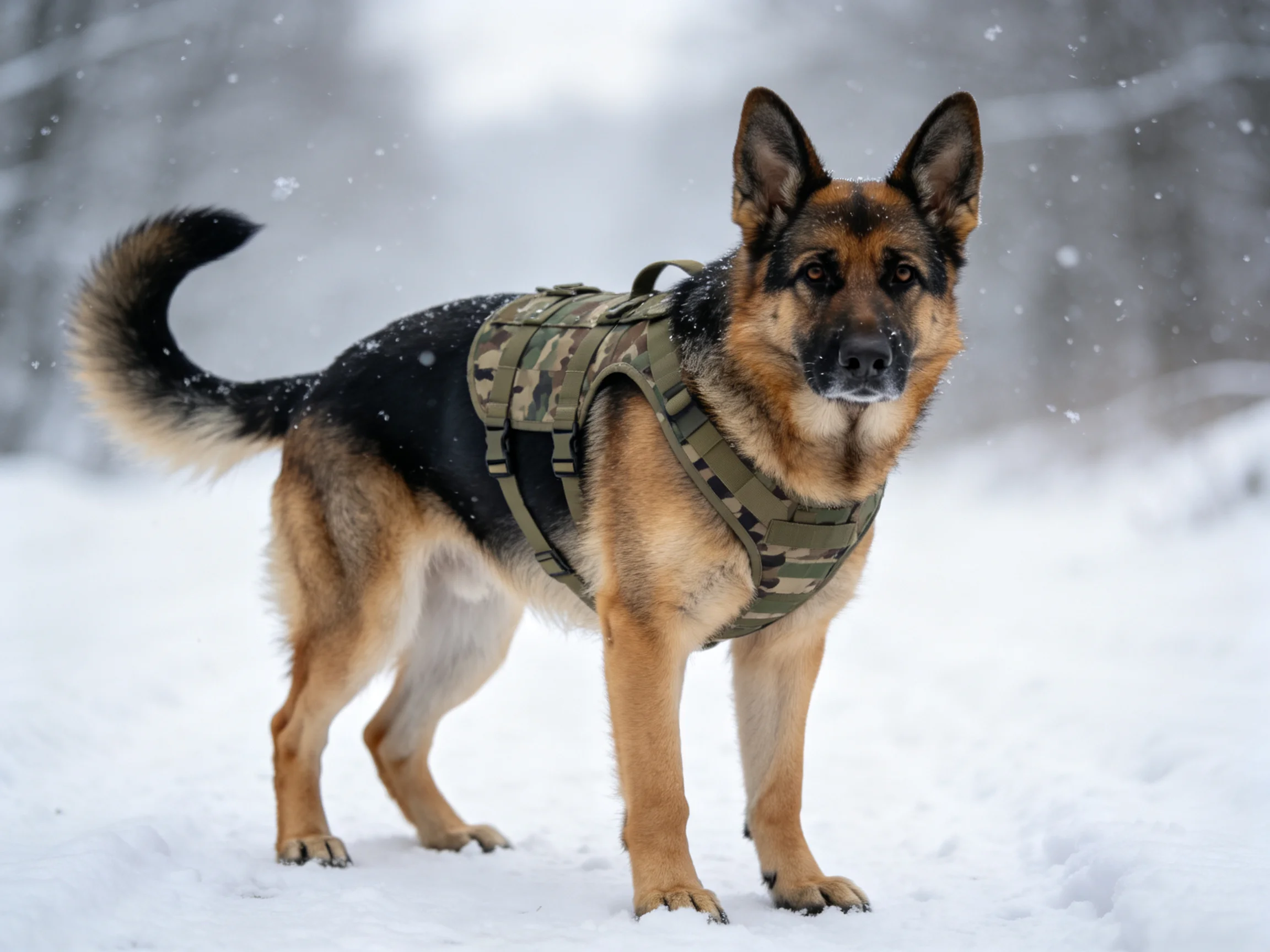 A German Shepherd in camouflage gear stands on snow-covered ground