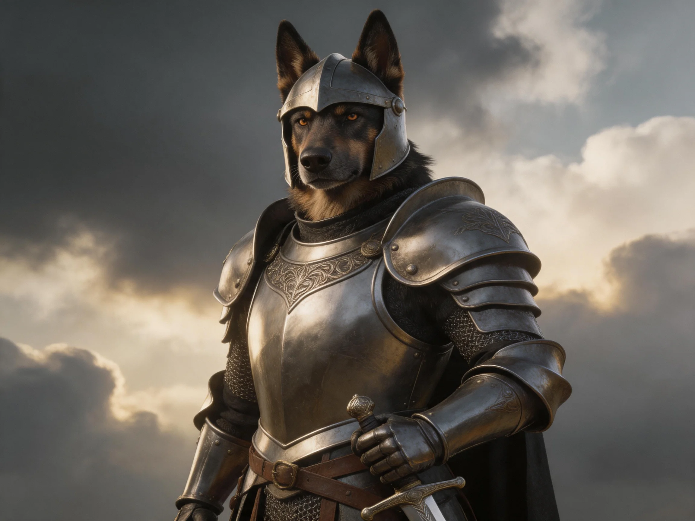 A German Shepherd dressed as a medieval knight stands against a dramatic cloudy sky.