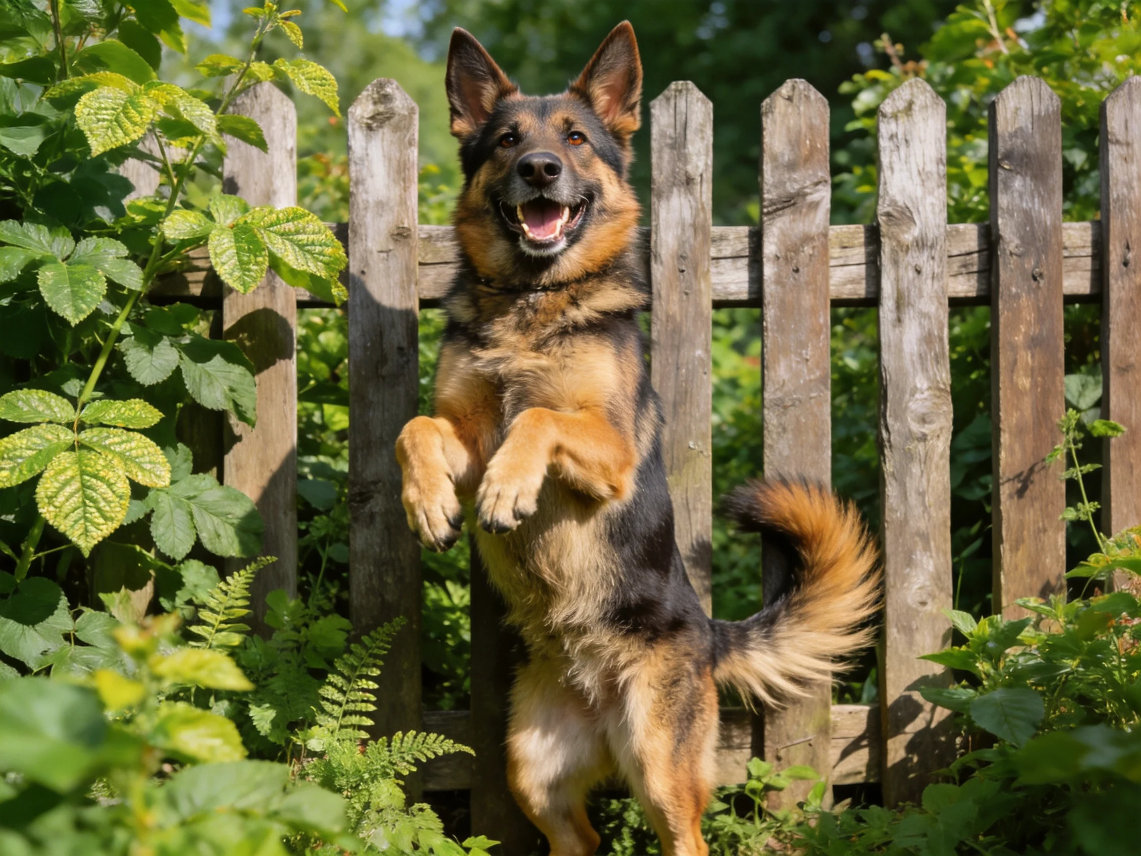 A German Shepherd jumps near an aged wooden fence surrounded by lush greenery