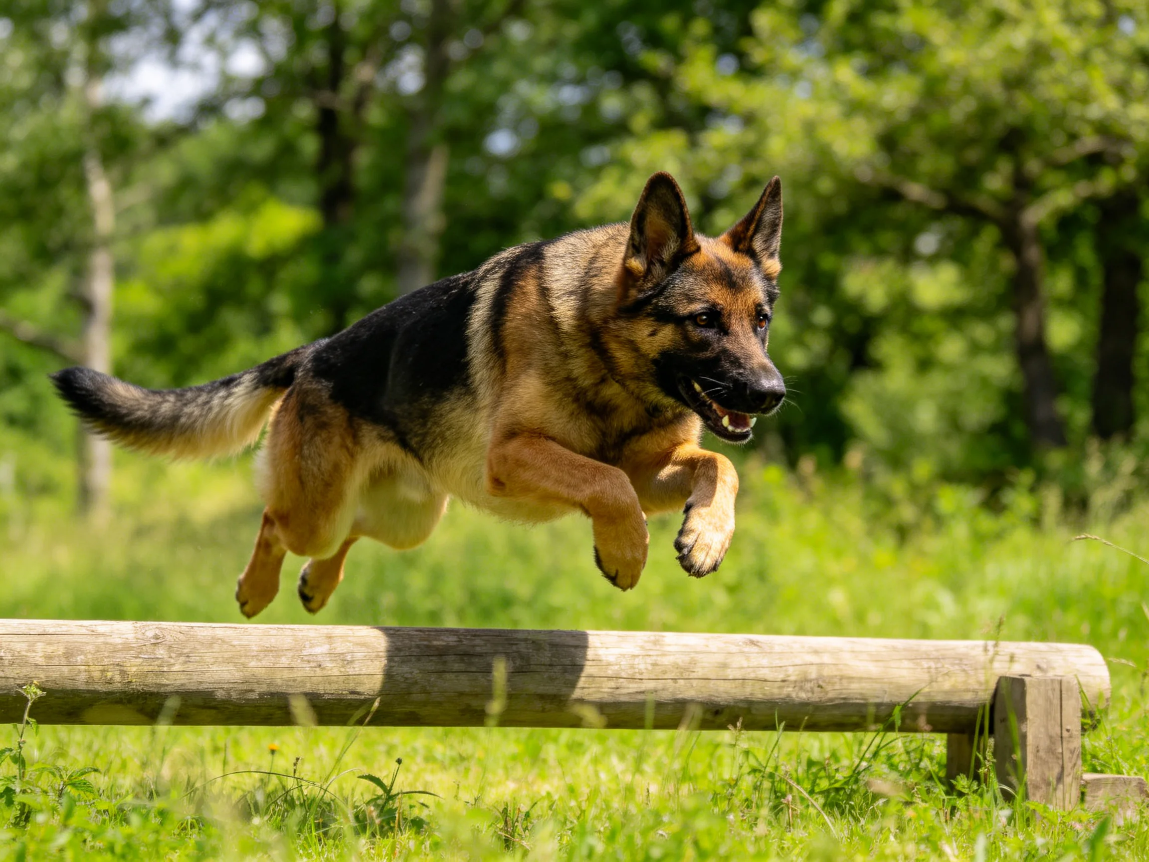A German Shepherd leaps over a wooden obstacle in a sunlit field