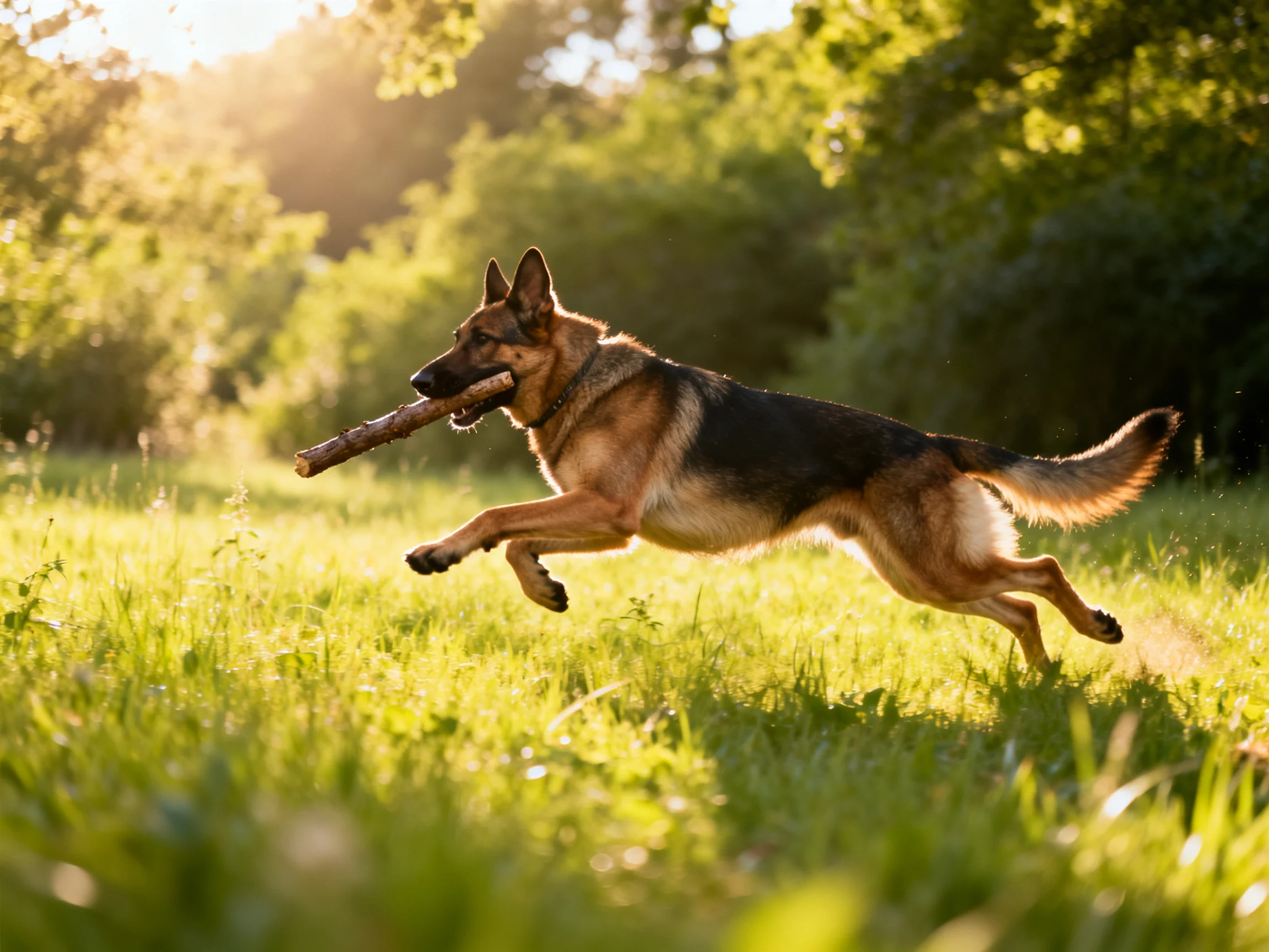 A German Shepherd runs through a sunlit meadow carrying a large stick.