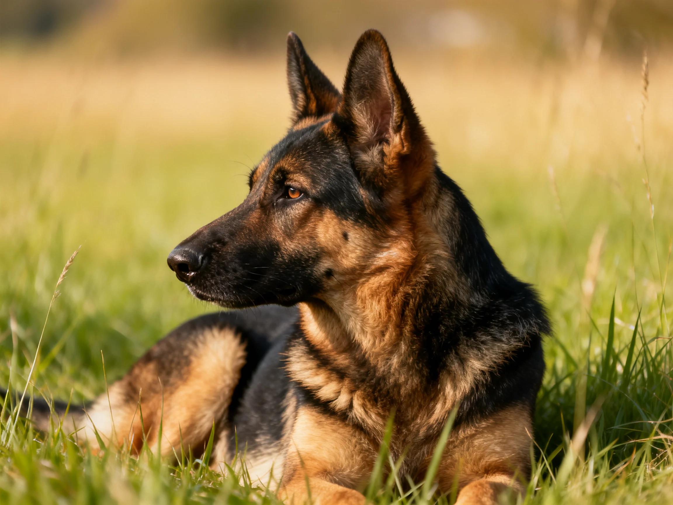 A German Shepherd rests peacefully in sunlit grass.