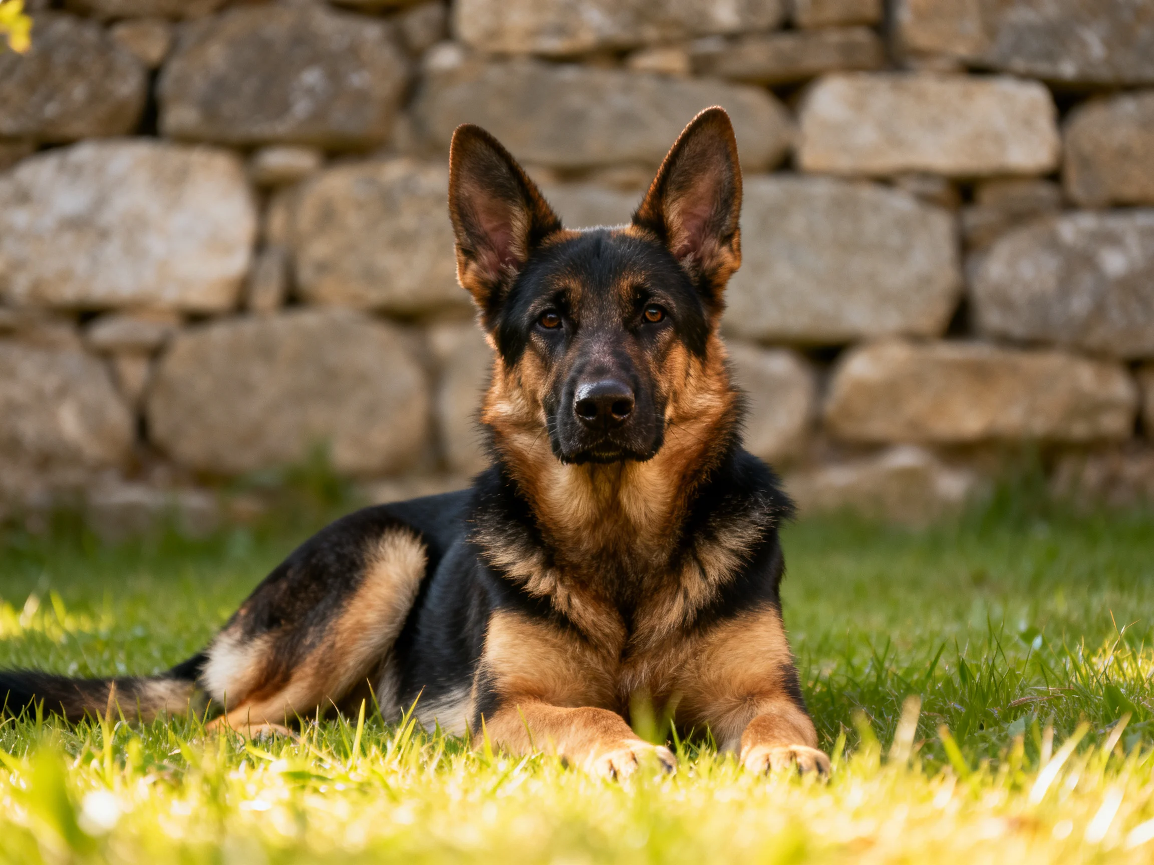 A German Shepherd lies on green grass near a stone wall