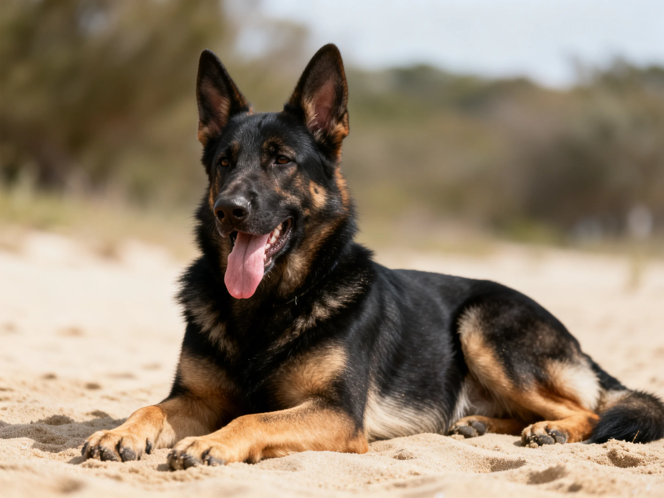 A German Shepherd lies on sandy ground with black and tan coloring