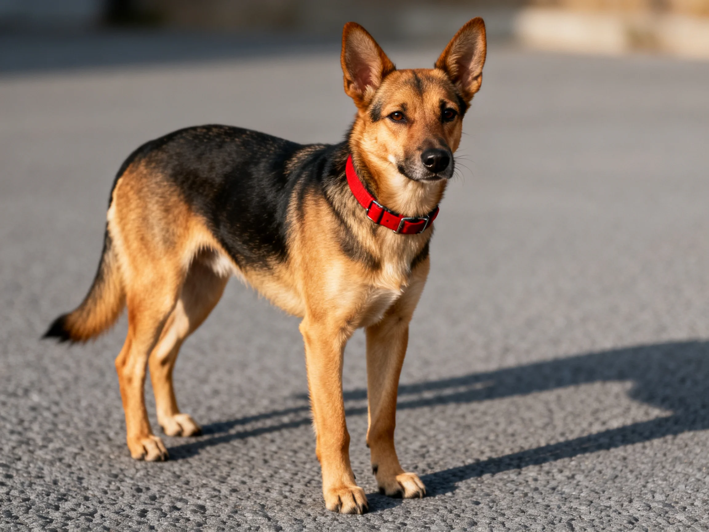 A German Shepherd mix stands alertly on a smooth gray pavement.