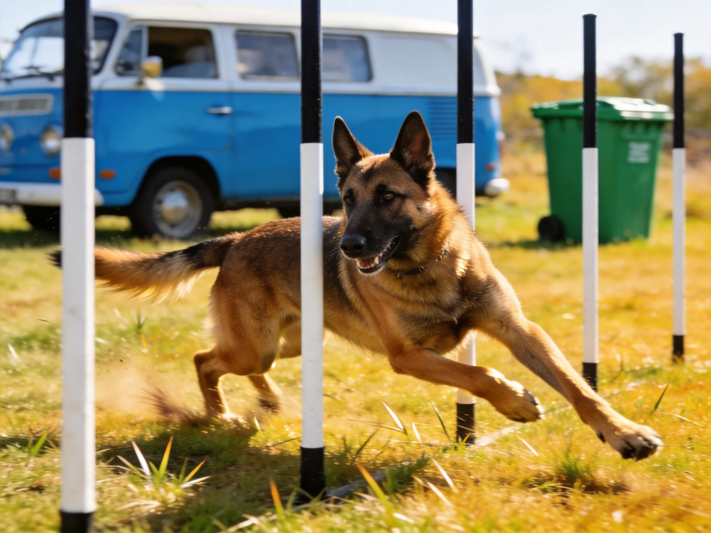 A German Shepherd runs through poles in an outdoor agility course.