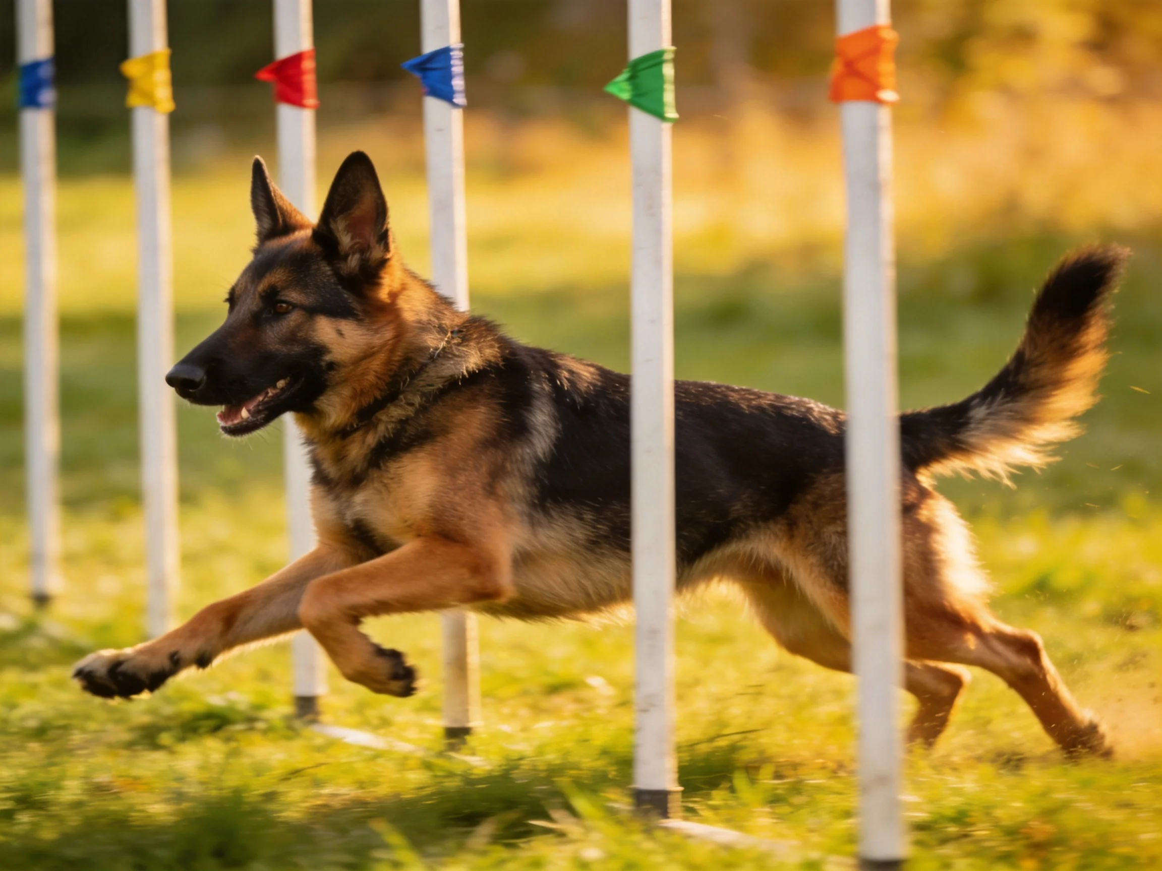 A German Shepherd runs through an obstacle course of colored poles outdoors.