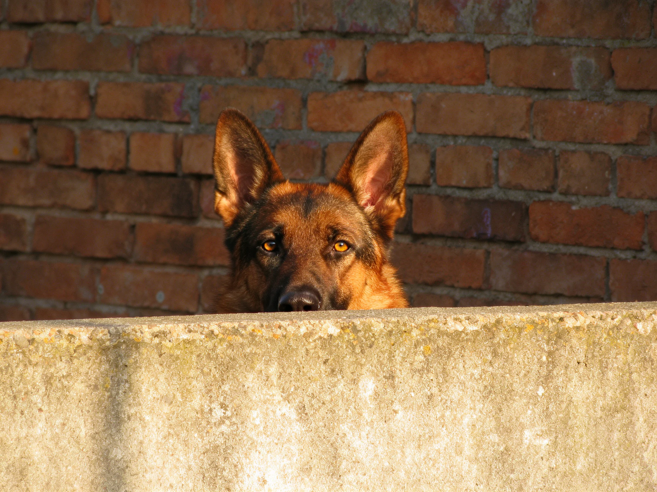 A German Shepherd peeks from behind a weathered concrete barrier beside a reddish-brown brick wall